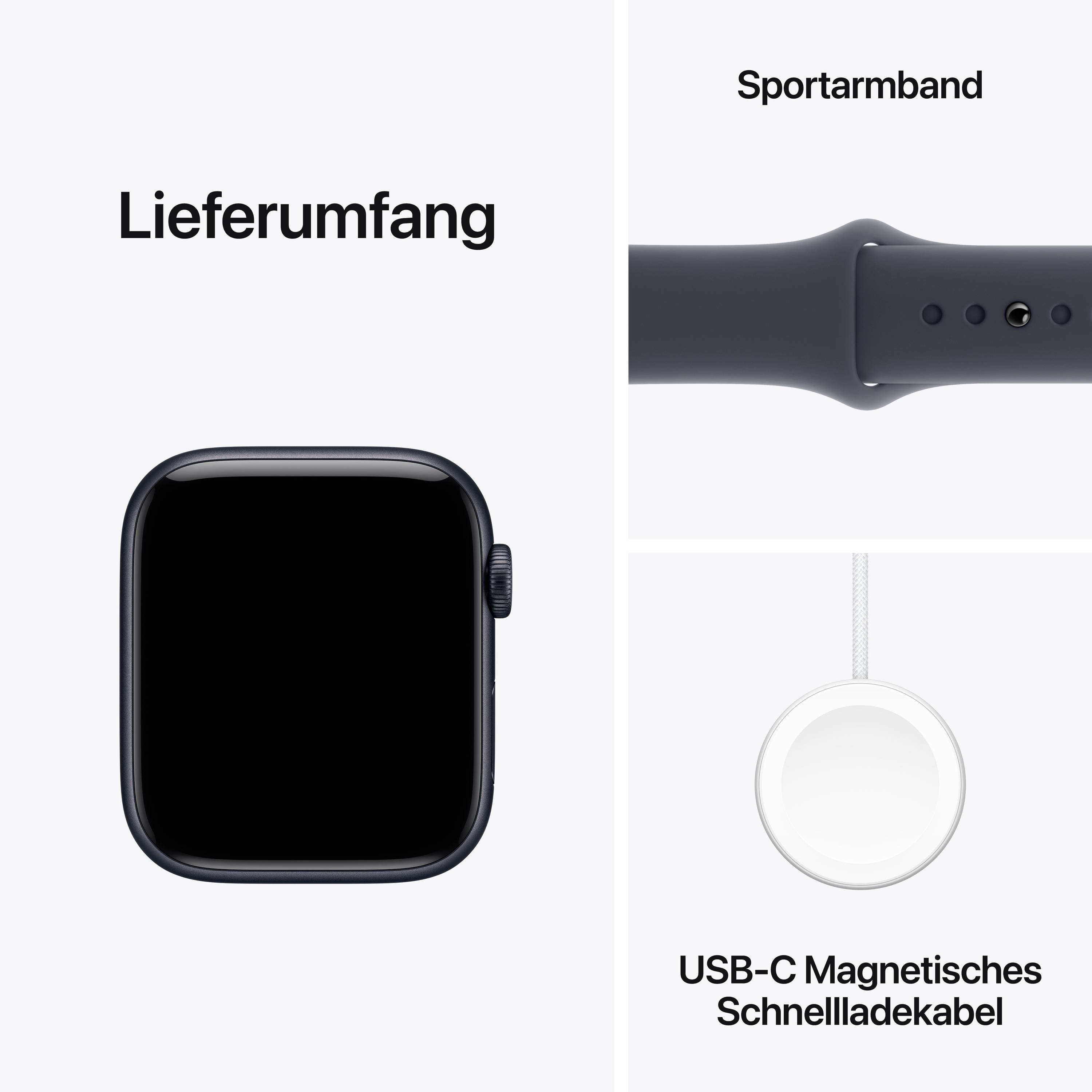 Rozsah dodávky Apple Watch: Sportovní řemínek, Apple Watch, magnetický nabíjecí kabel USB-C pro rychlé nabíjení.