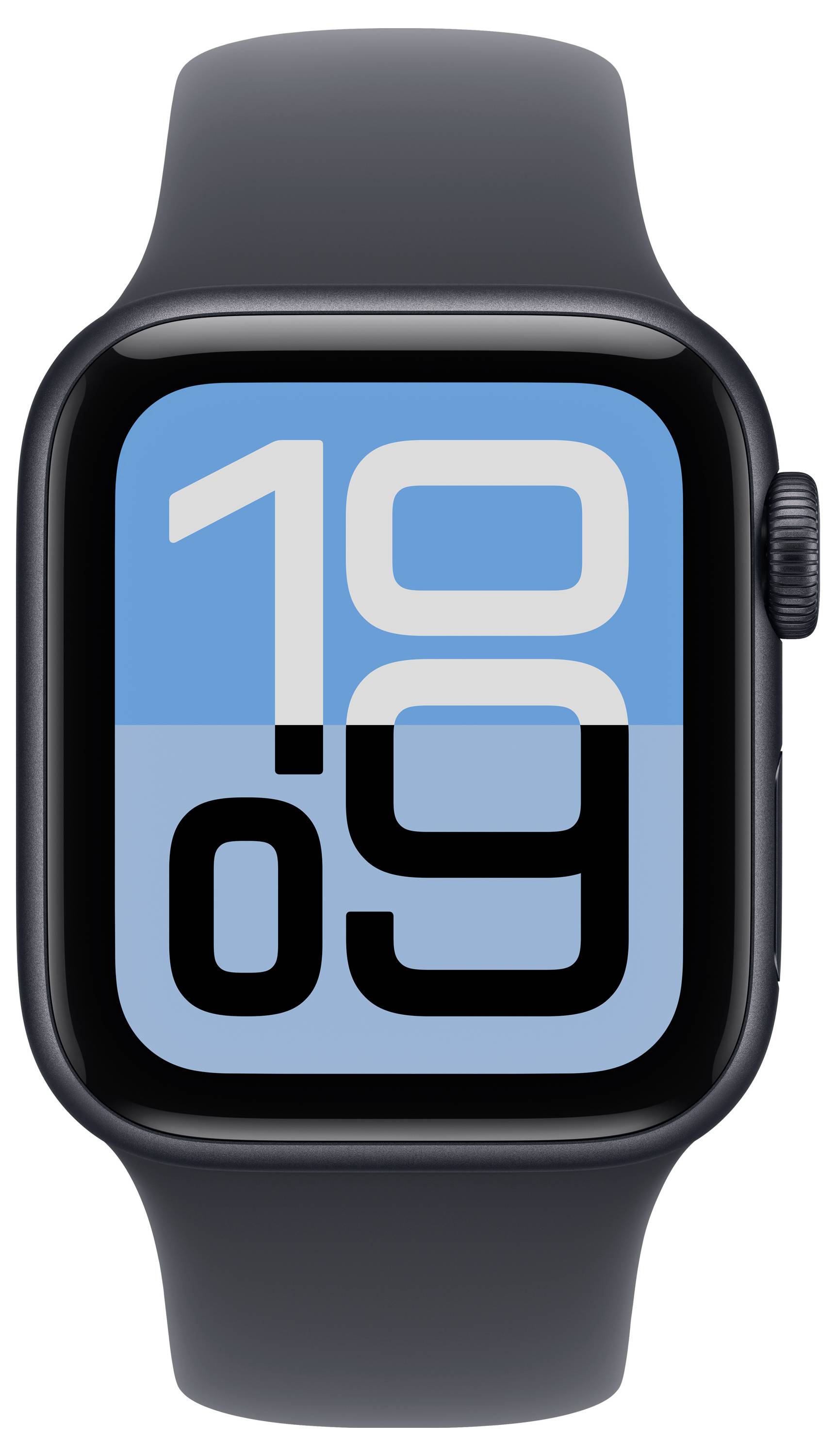 Černé chytré hodinky zobrazující čas '10:09' s moderním digitálním ciferníkem v modro-šedém designu.