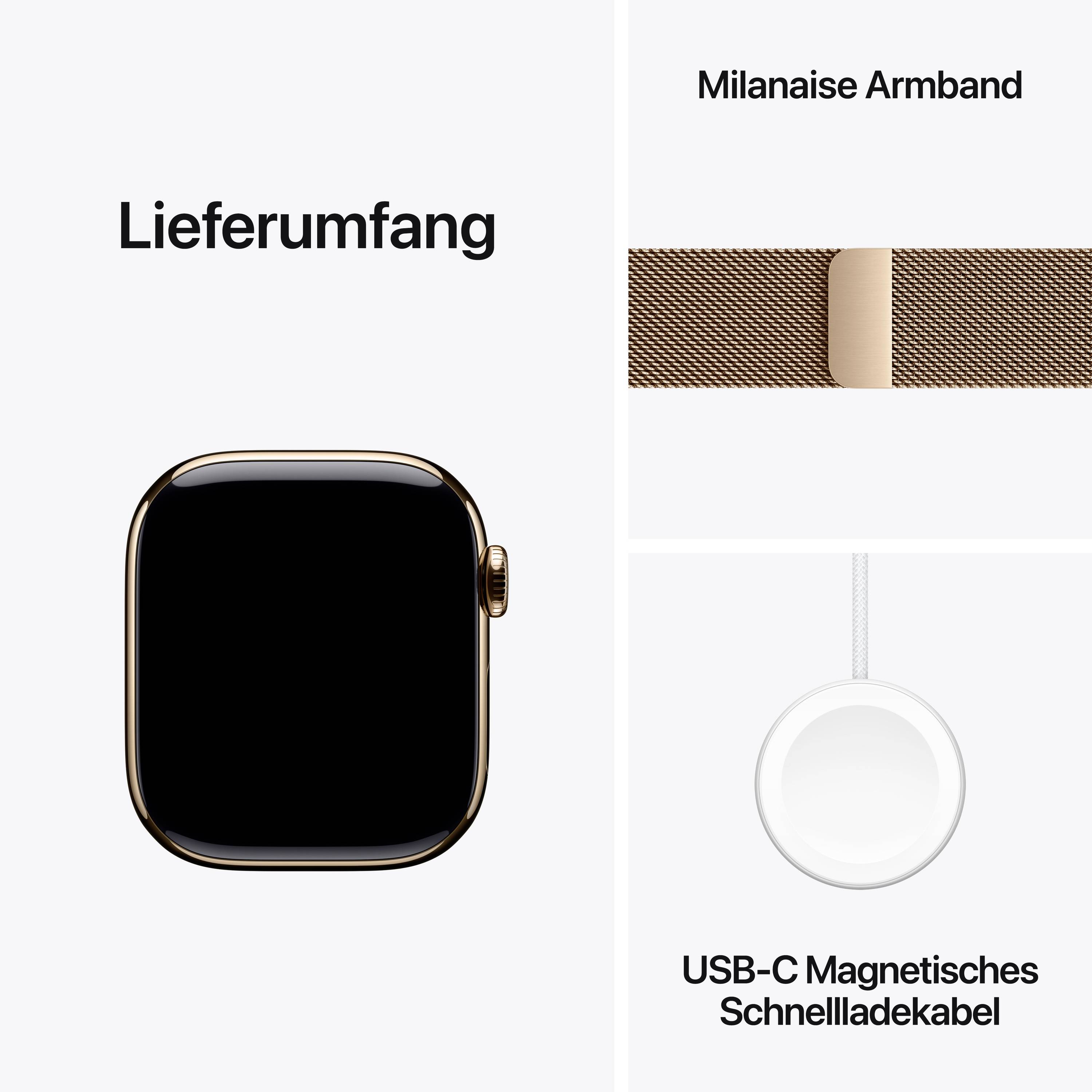 Rozsah dodávky: Obrázek ukazuje chytré hodinky, náramek Milano a USB-C magnetický nabíjecí kabel s rychlým nabíjením.