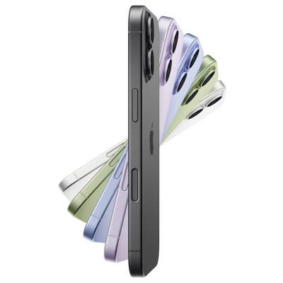 Série smartphonů v různých barvách, včetně černé, bílé, zelené, modré a růžové, zobrazená v dynamickém, vějířovitém uspořádání.