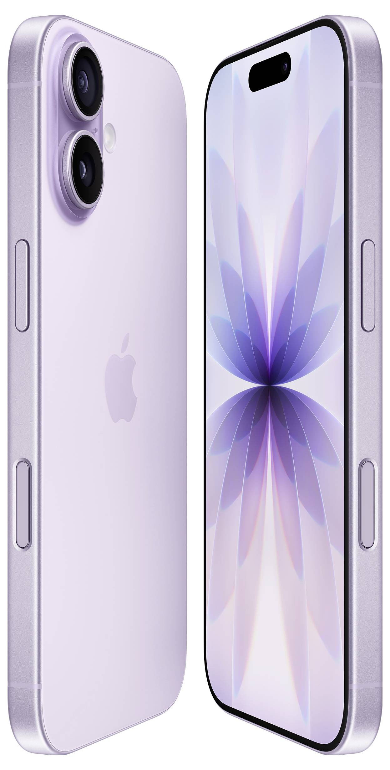 Fialový smartphone s duálním fotoaparátem a předním displejem zobrazujícím design připomínající okvětní lístek. Telefon má elegantní, moderní design.