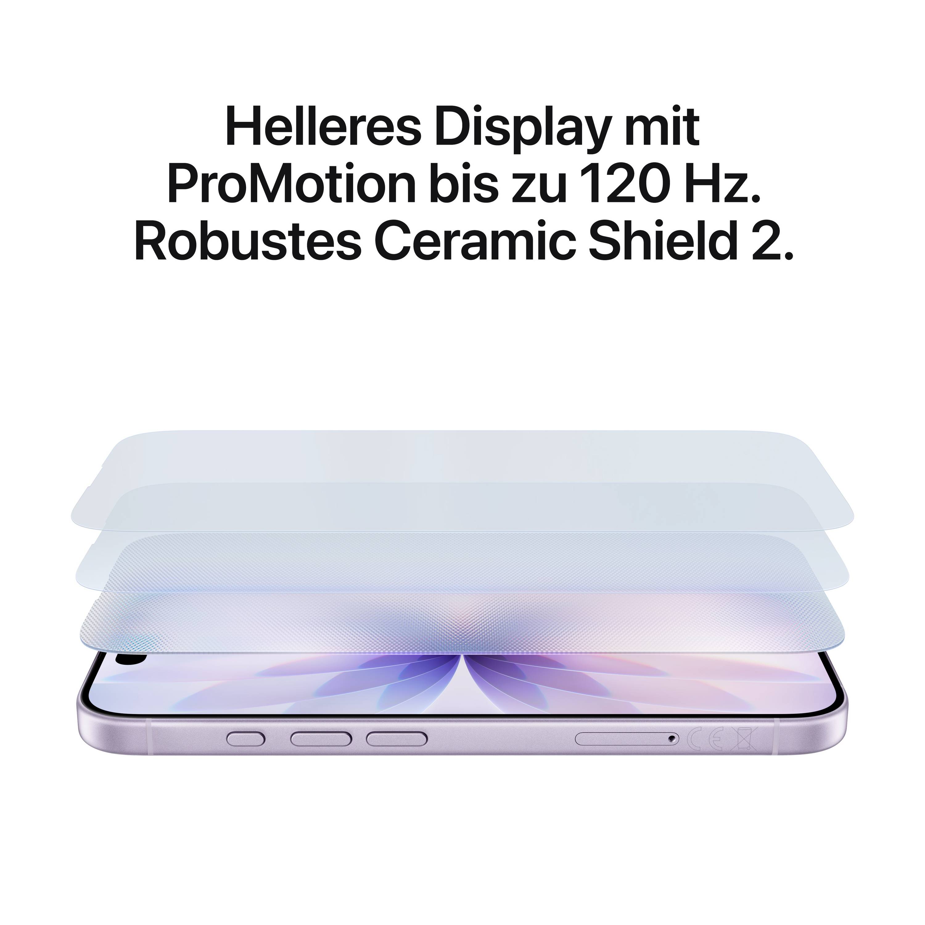 Smartphone s jasnějším displejem a technologií ProMotion až 120 Hz. Robustní Ceramic Shield 2 zdůrazňuje odolnost.