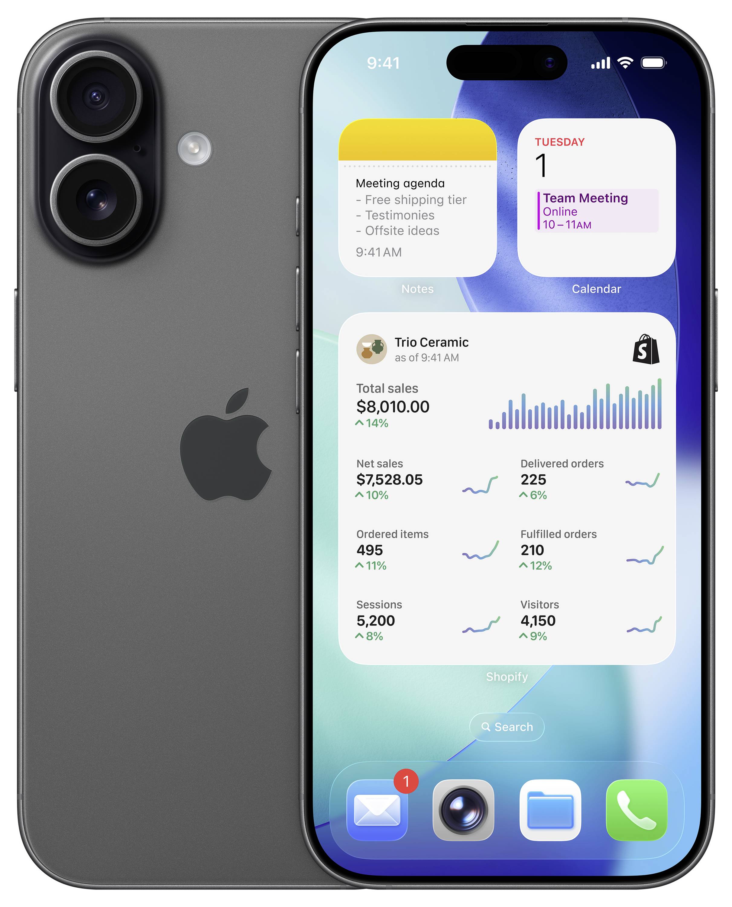Černý smartphone zobrazuje kalendář, analytickou nástěnku a oznámení na obrazovce. Je zde také zobrazený větší pohled na zadní displej.