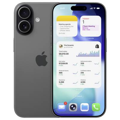 Černý smartphone zobrazuje kalendář, analytickou nástěnku a oznámení na obrazovce. Je zde také zobrazený větší pohled na zadní displej.