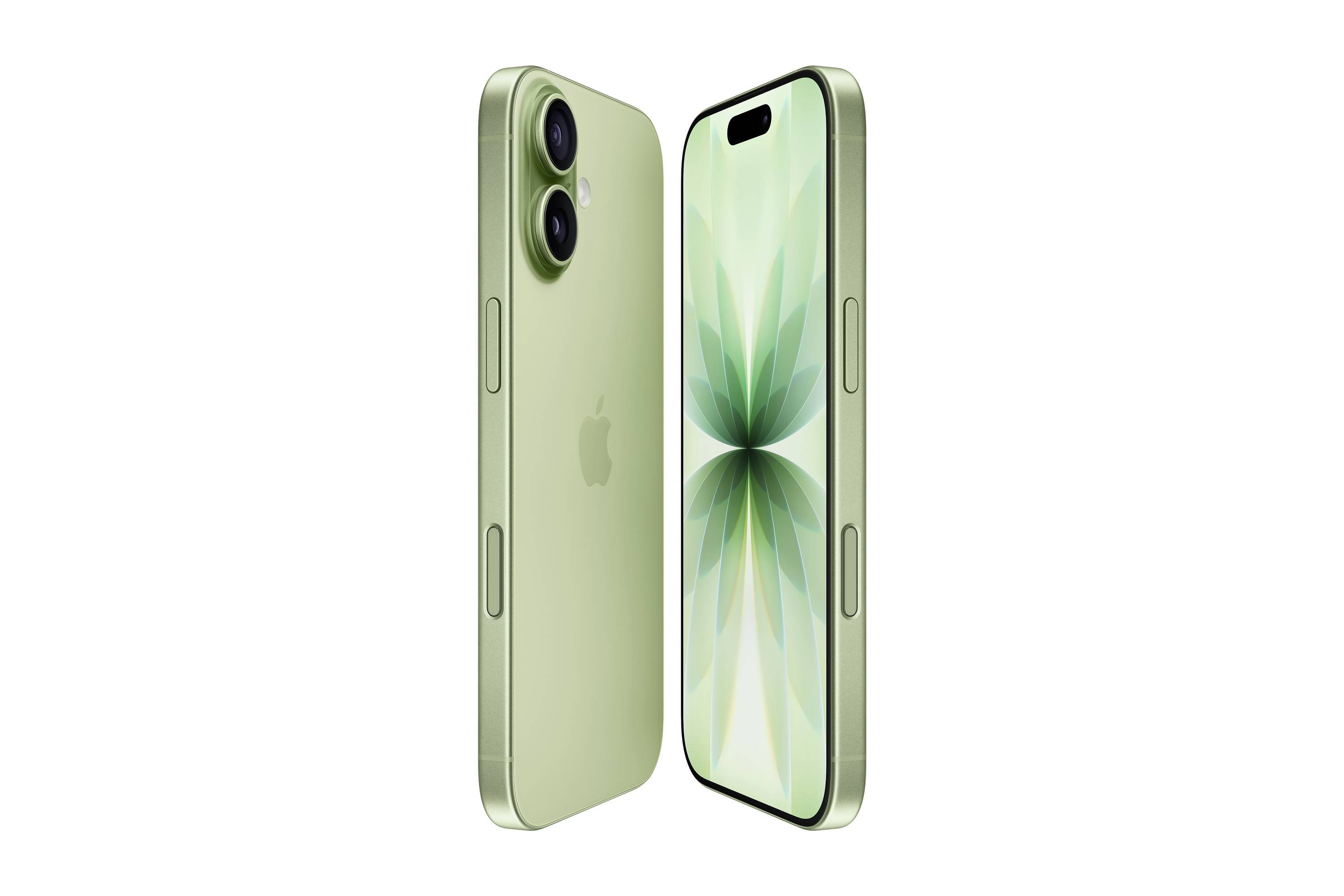 Zelený smartphone s duálními fotoaparáty a květinovým vzorem displeje, zobrazený zepředu i zezadu, zvýrazňující jeho elegantní design.