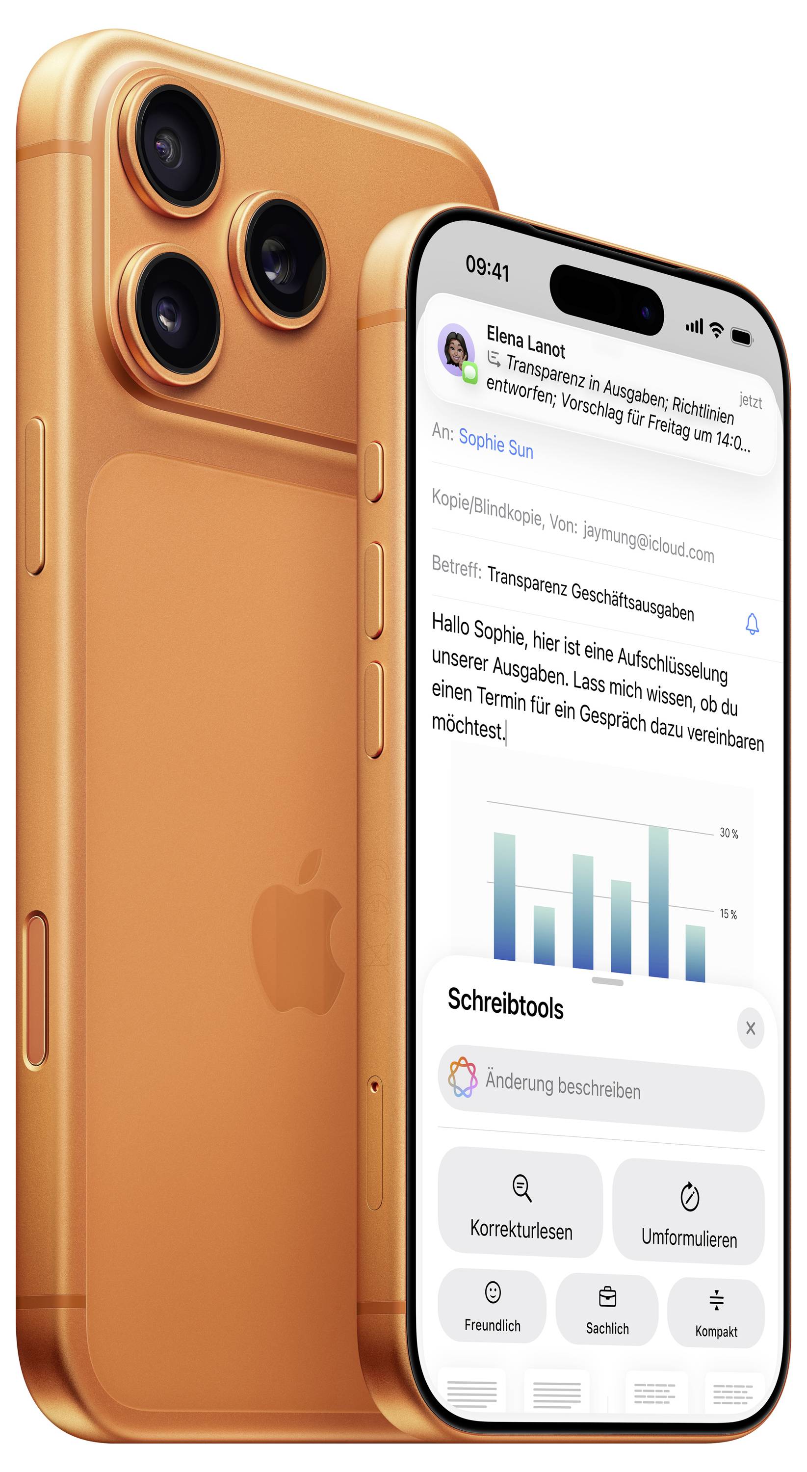 Oranžový smartphone s trojitým fotoaparátem na zadní straně, zobrazující obrazovku s rozhraním e-mailu a sloupcovým grafem, demonstrující firemní transparentnost.