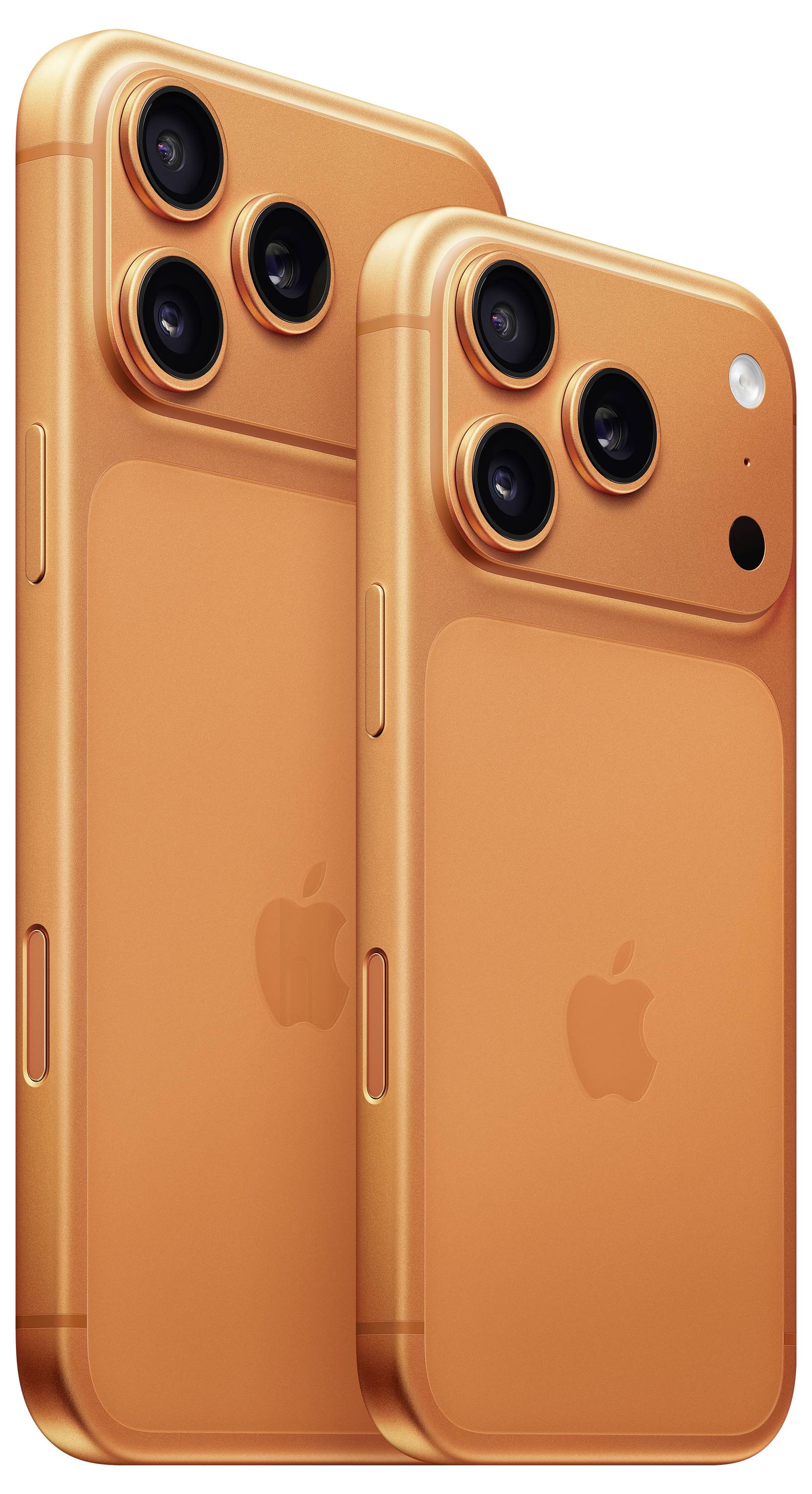 Oranžové smartphony s duálními a trojitými zadními fotoaparáty, logo Apple umístěné uprostřed zadní strany, které předvádí elegantní design a fotografické schopnosti.