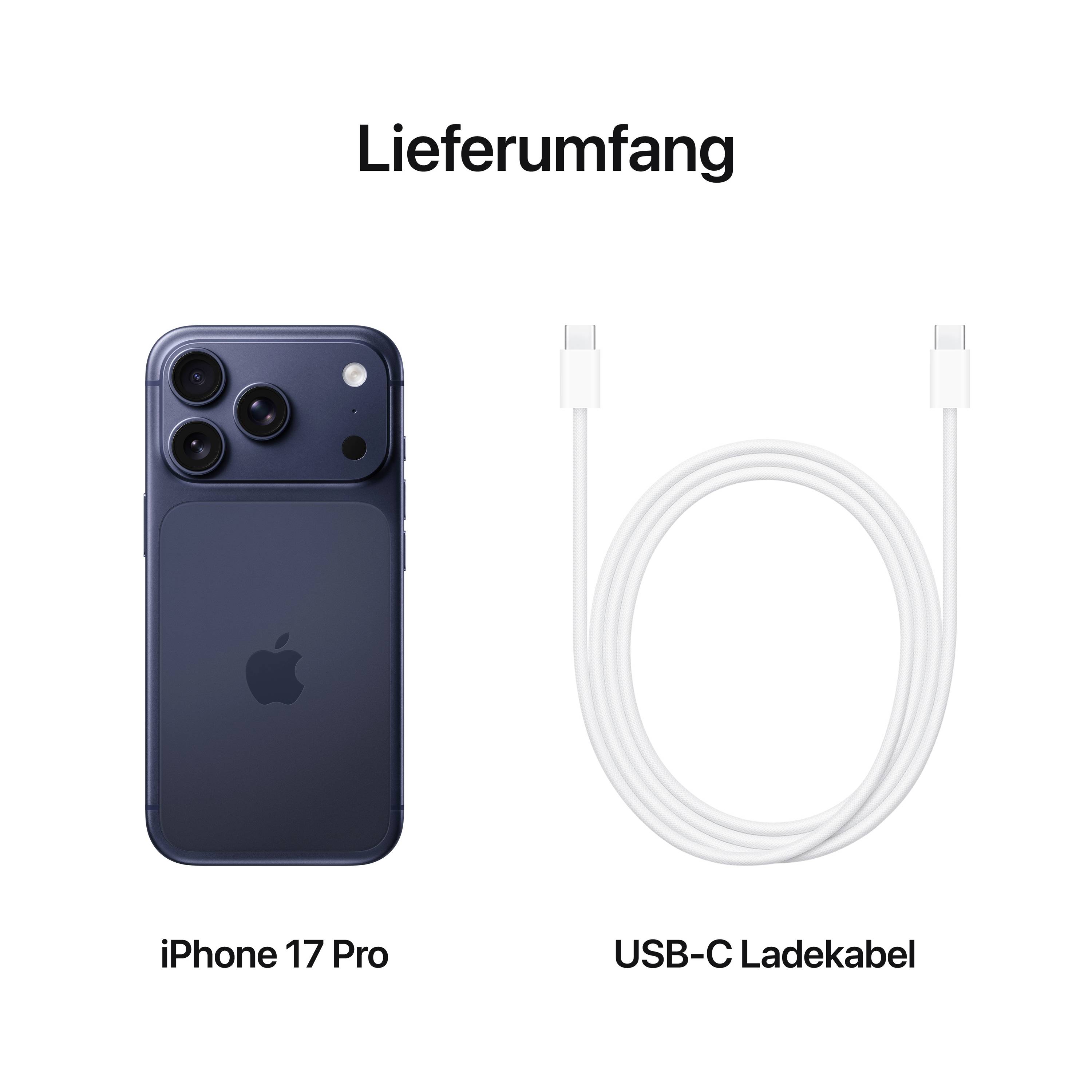 Je zobrazeno 'iPhone 17 Pro' a 'nabíjecí kabel USB-C' jako součást dodávky.