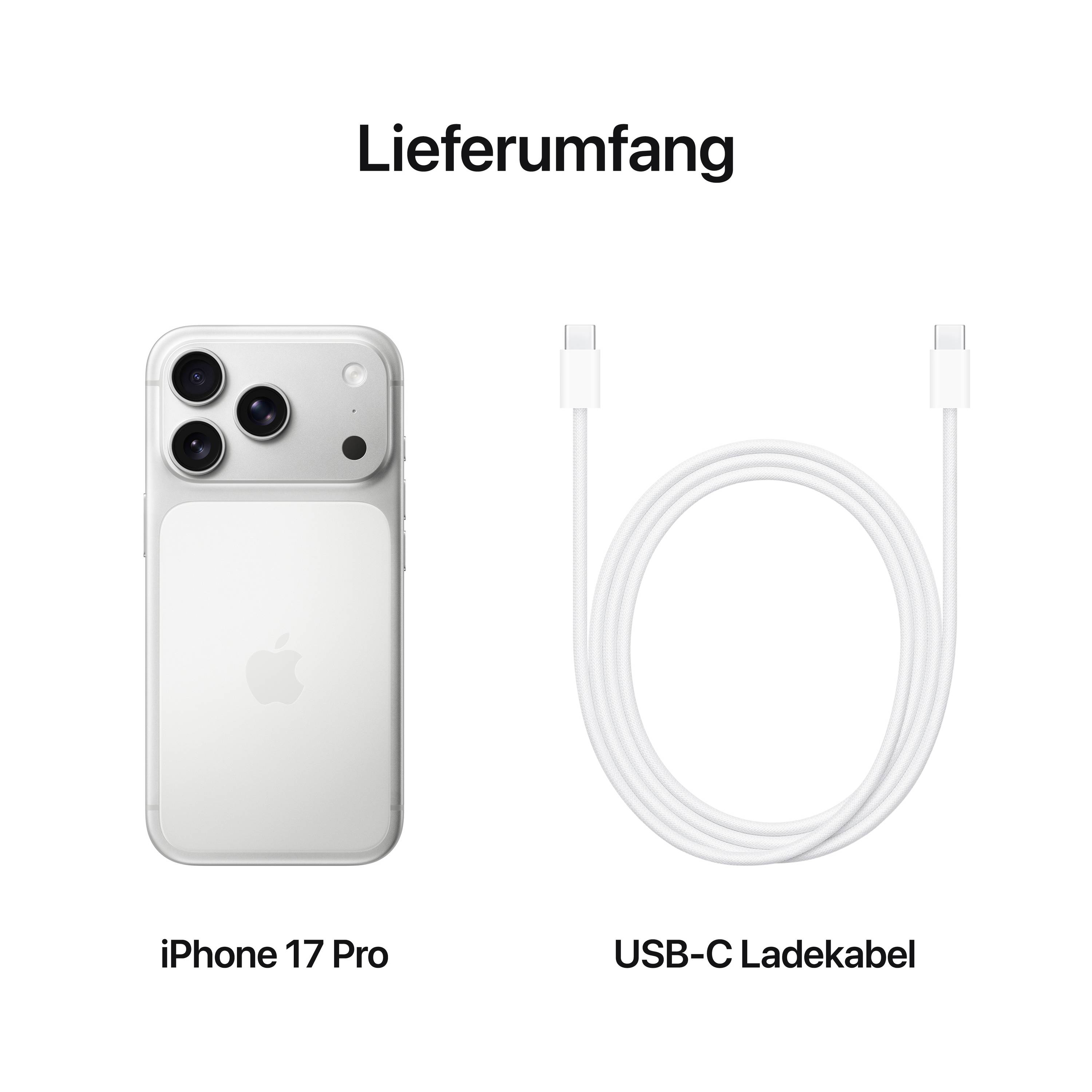 Obrázek ukazuje rozsah dodávky iPhone 17 Pro, který sestává z mobilního telefonu a nabíjecího kabelu USB-C.
