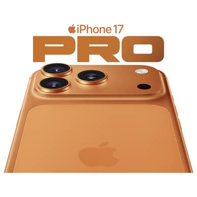 Oranžový 'iPhone 17 Pro' s výrazným trojitým fotoaparátem a logem Apple. Text: 'iPhone 17 Pro' v horní části.