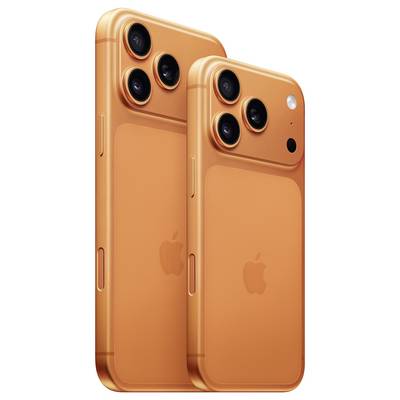 Dva oranžové smartphony s trojitým fotoaparátem a logy Apple na zadní straně, které předvádějí moderní a elegantní design.