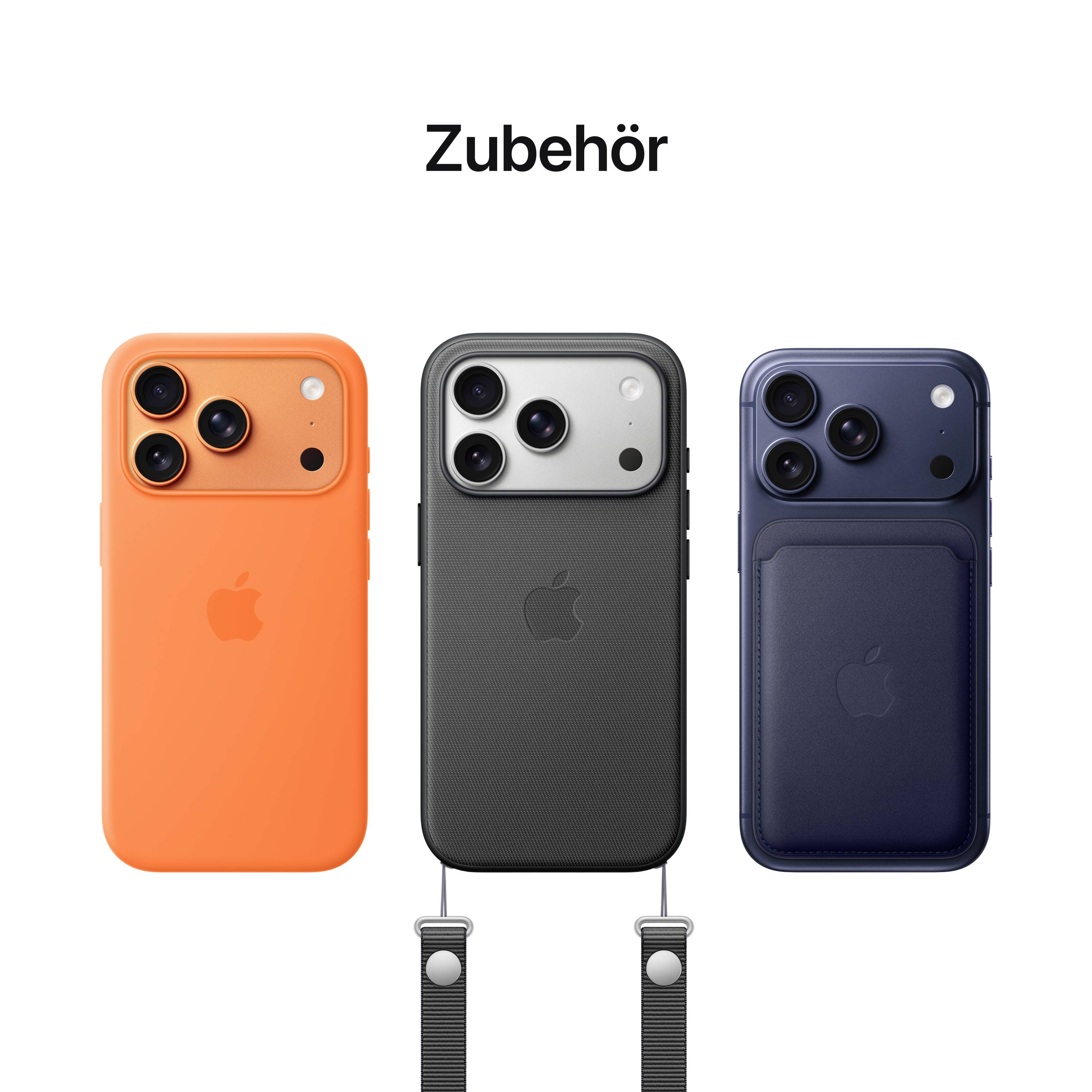 Tři obaly na iPhone: vlevo oranžový, uprostřed černý s páskem, vpravo tmavě modrý s kapsou na karty, pod nadpisem 'Příslušenství'.
