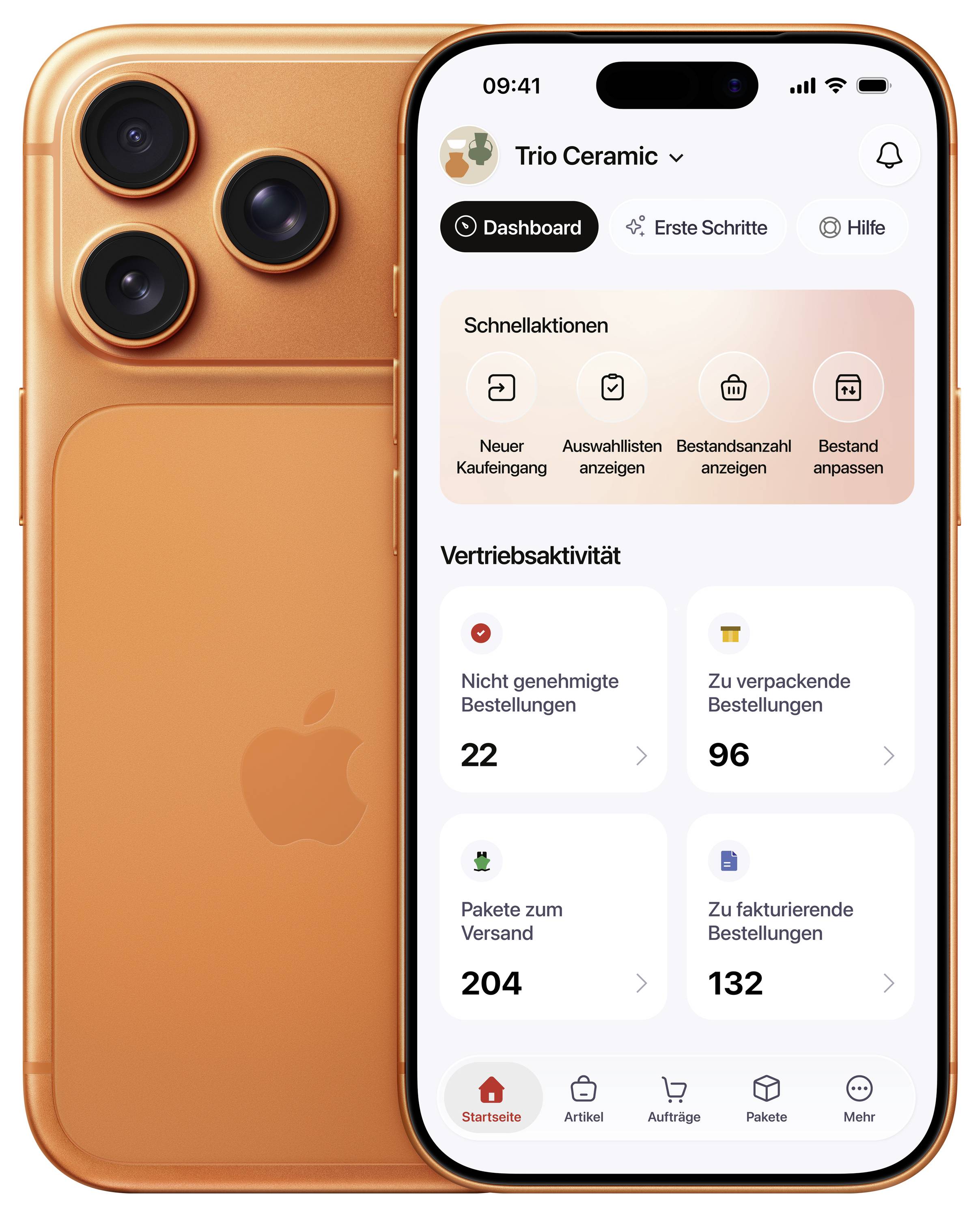 Oranžový smartphone zobrazující obchodní řídicí panel s grafy statistik týkajících se objednávek, balíků a faktur. Telefon má trojitou sestavu fotoaparátů.