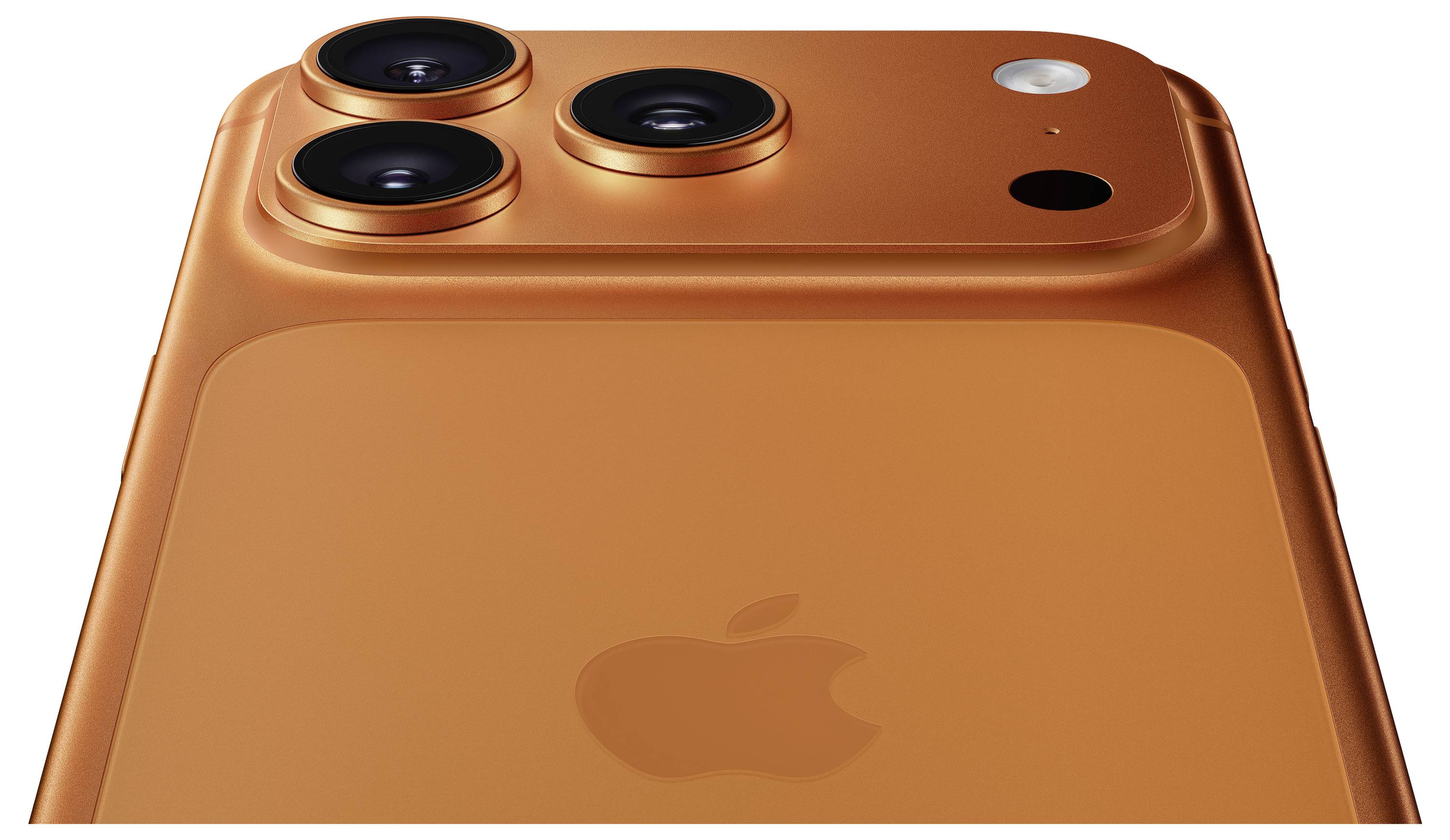 Pohled shora na oranžový smartphone zobrazující tři fotoaparátové objektivy a blesk, s logem Apple prominentně zobrazeným uprostřed.