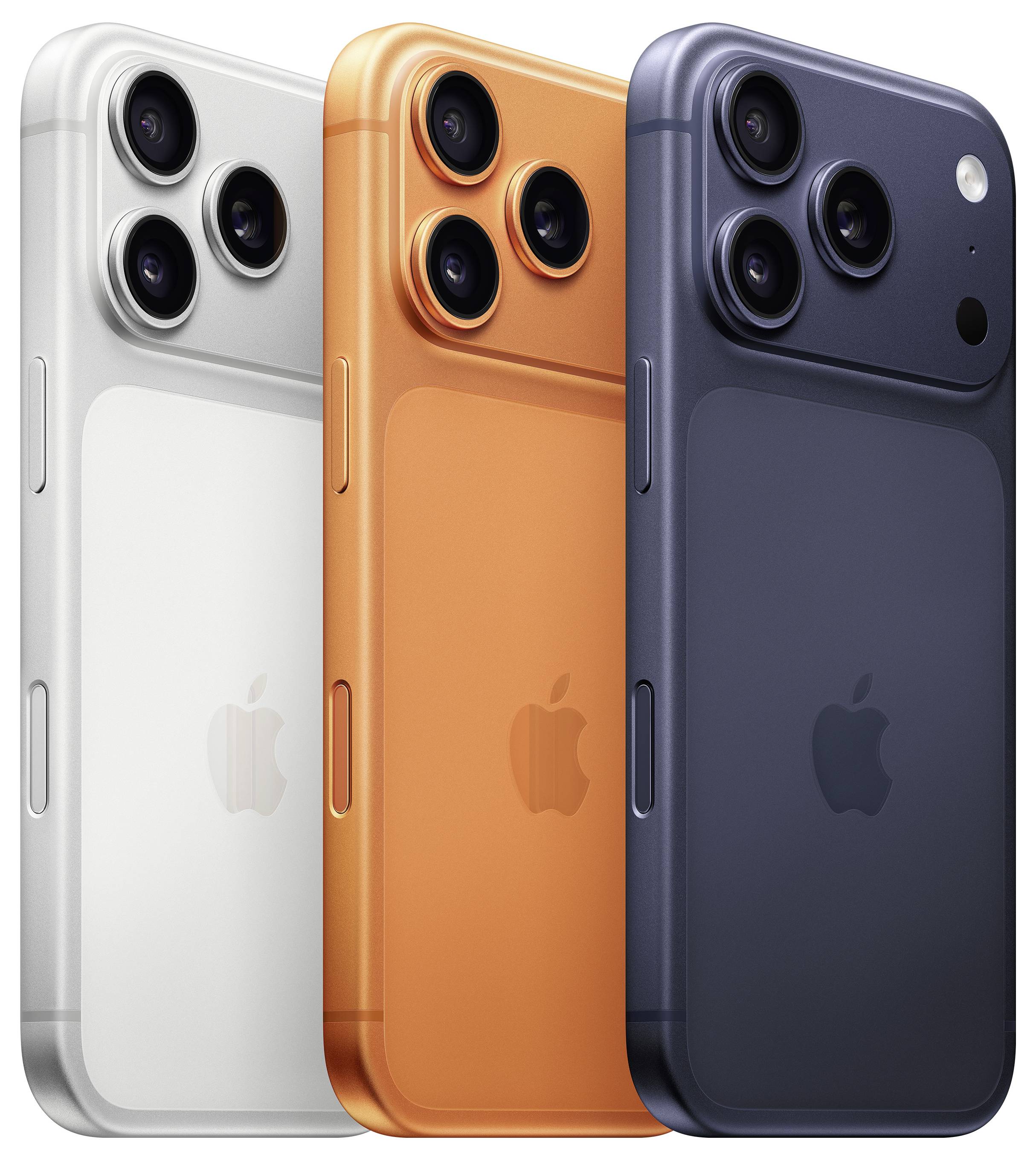 Tři smartphony v bílé, oranžové a tmavě modré barvě s trojitými zadními fotoaparáty, zobrazené zezadu na bílém pozadí.