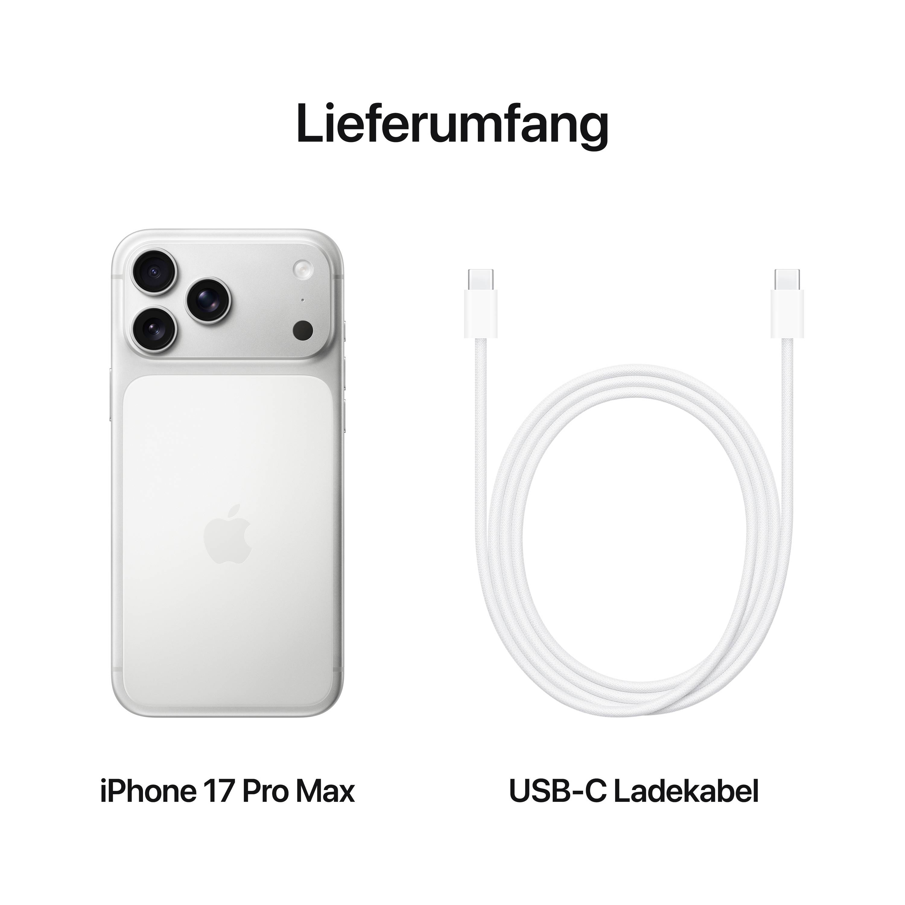 Rozsah dodávky iPhone 17 Pro Max: Obrázek ukazuje iPhone a nabíjecí kabel USB-C.
