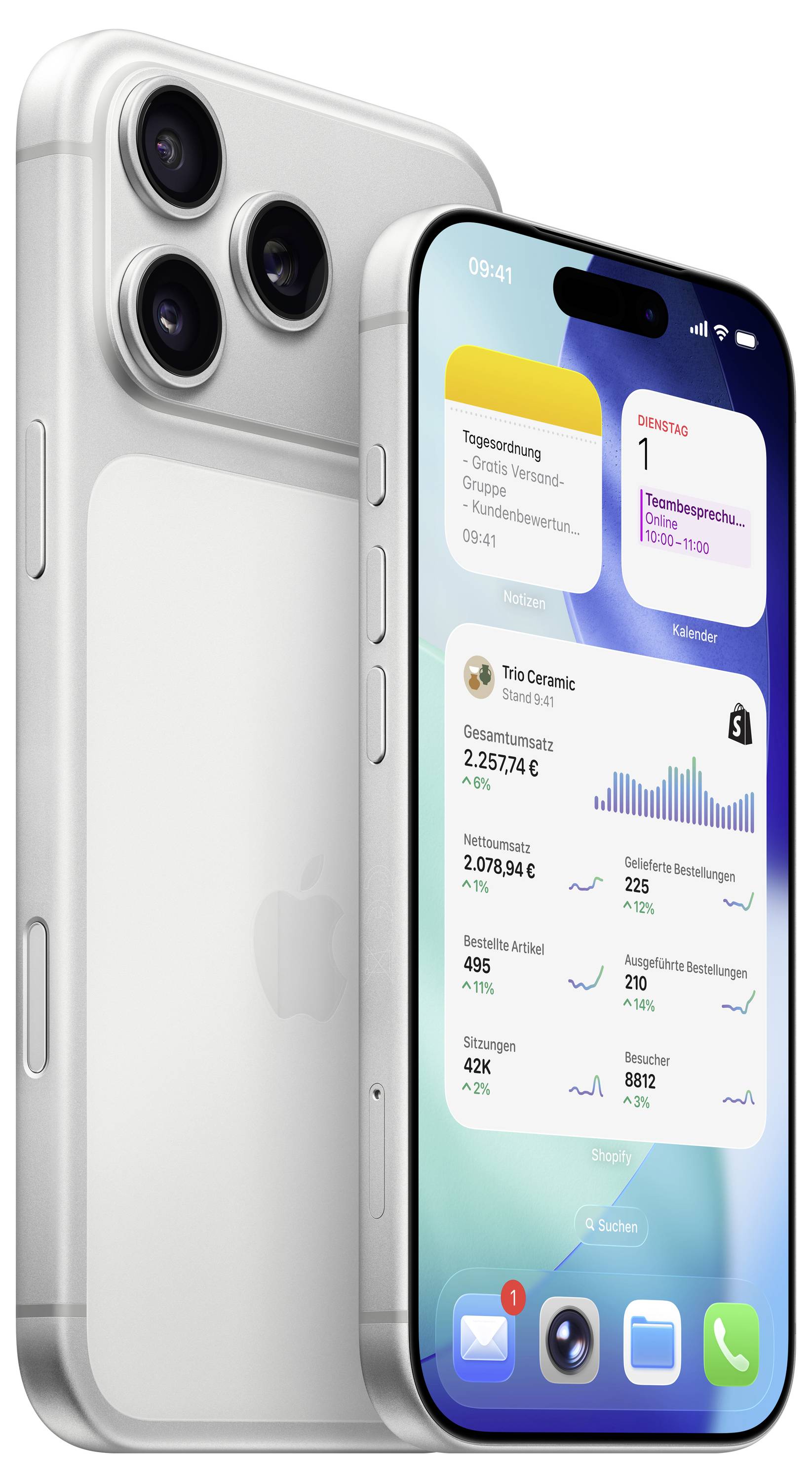 Bílý smartphone zobrazující obrazovku zdravotní aplikace s grafy a widgety ukazujícími počet kroků, uražené vzdálenosti a údaje o tepové frekvenci.