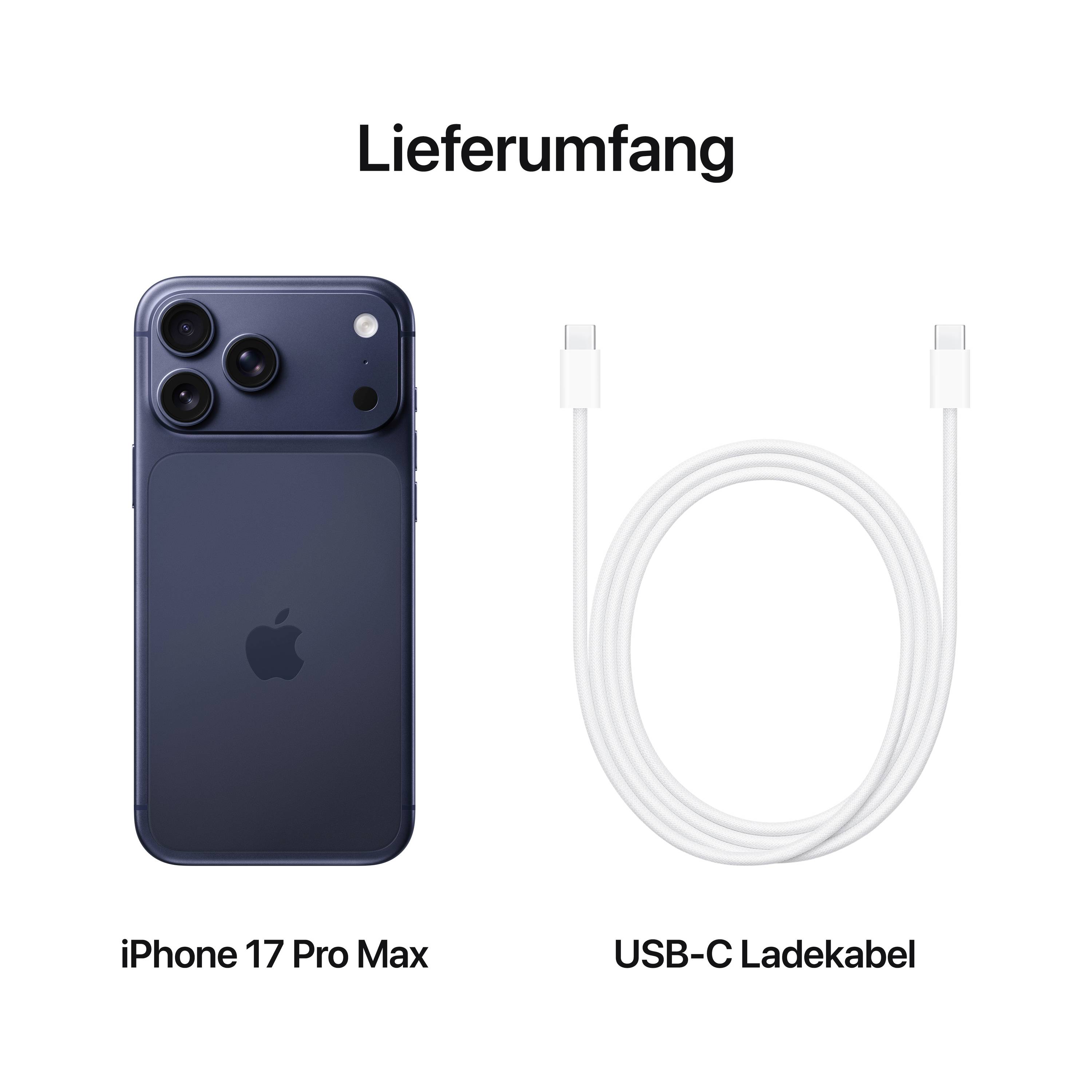 Rozsah dodávky: iPhone 17 Pro Max v tmavě modré barvě a bílý USB-C nabíjecí kabel na obrázku.