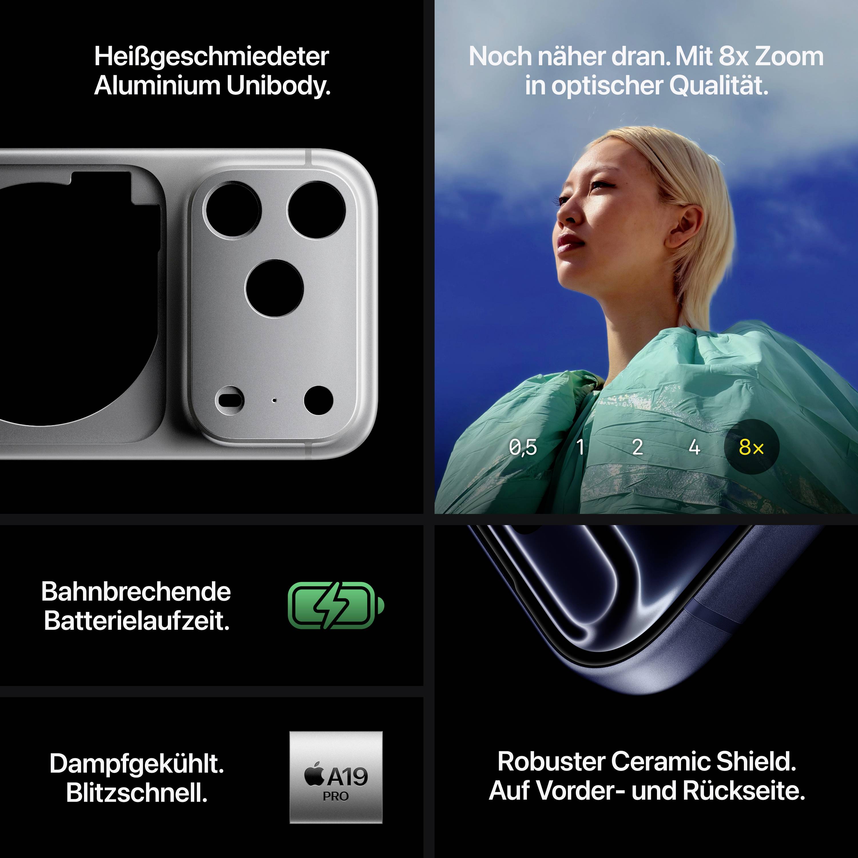 Inovativní design smartphonu s hliníkovým tělem, rozšířenými zoomovacími funkcemi, dlouhou výdrží baterie a odolným keramickým krytem.