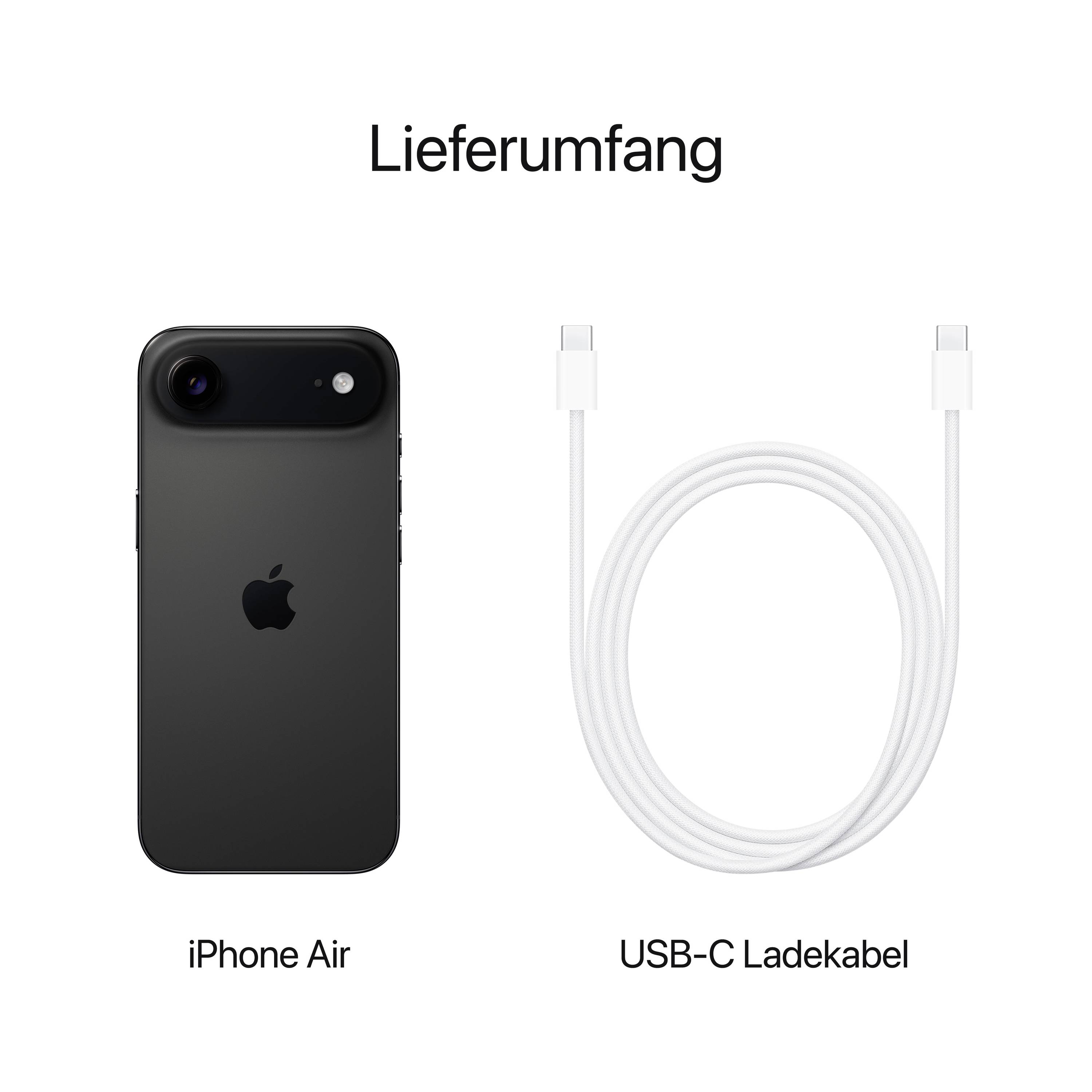 Rozsah dodávky ukazuje černý smartphone a bílý nabíjecí kabel USB-C.