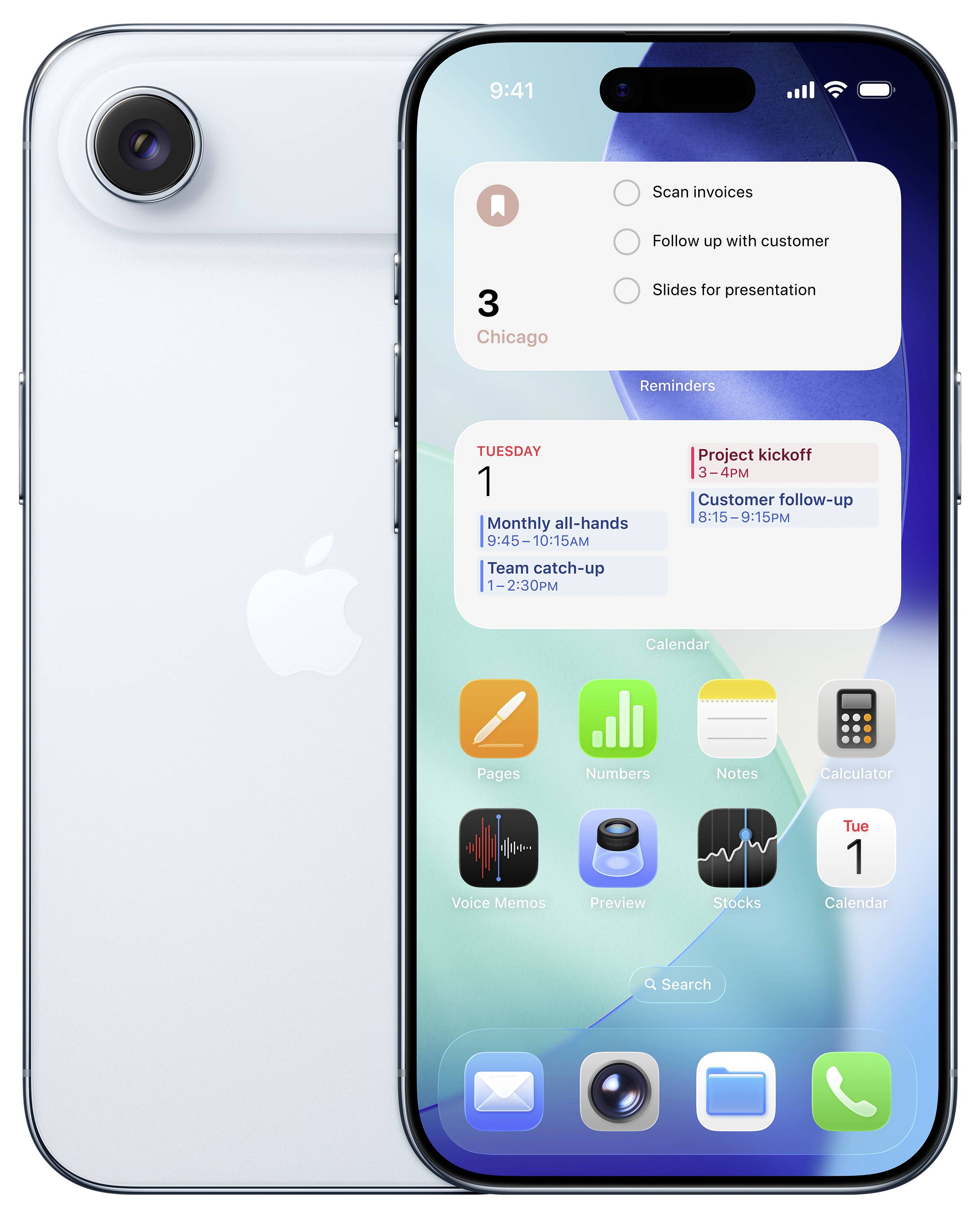 Smartphone zobrazující domovskou obrazovku s ikonami aplikací, kalendářními událostmi a připomenutími. Zadní strana ukazuje logo a jeden objektivem fotoaparátu.