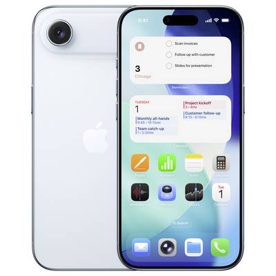 Smartphone zobrazující domovskou obrazovku s ikonami aplikací, kalendářními událostmi a připomenutími. Zadní strana ukazuje logo a jeden objektivem fotoaparátu.