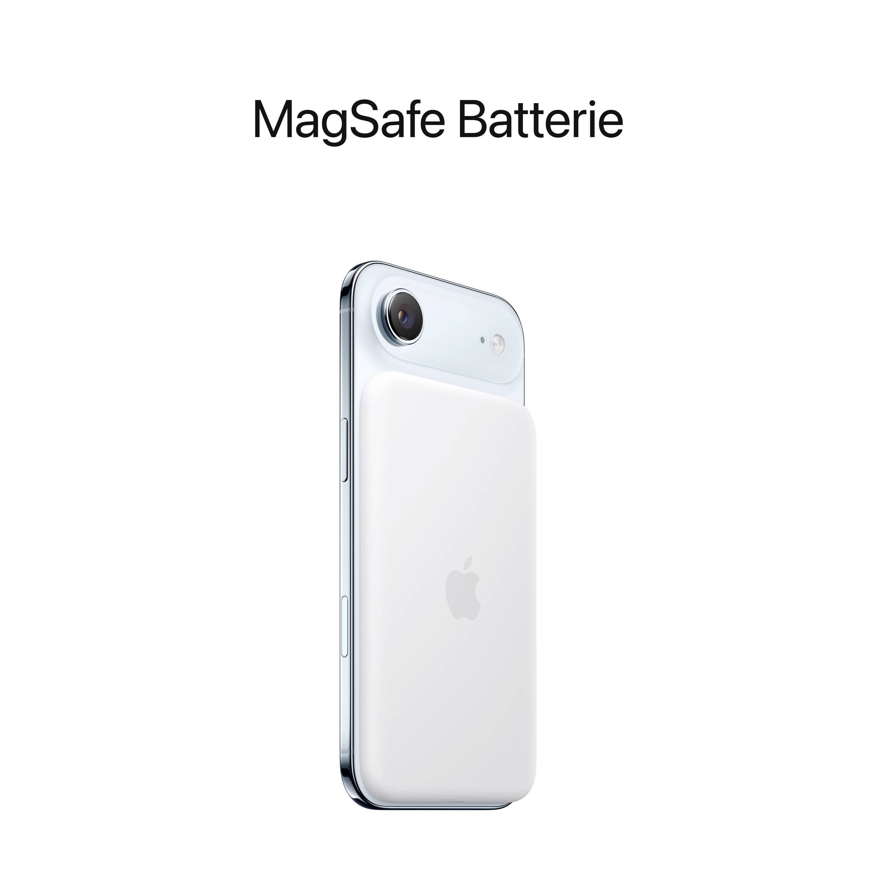 iPhone s MagSafe baterií, která se drží na zadní straně. Bílá baterie prodlužuje provozní dobu telefonu.