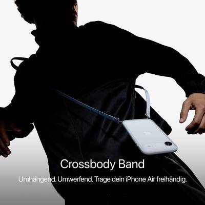 Osoba nosí iPhone Air na šikmém pásku kolem krku. Důraz je kladen na funkcionalitu a stylové nošení.