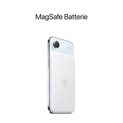 iPhone s připojenou bílou baterií MagSafe, která podporuje bezdrátové nabíjení. Nahoře je text 'MagSafe Baterie'.