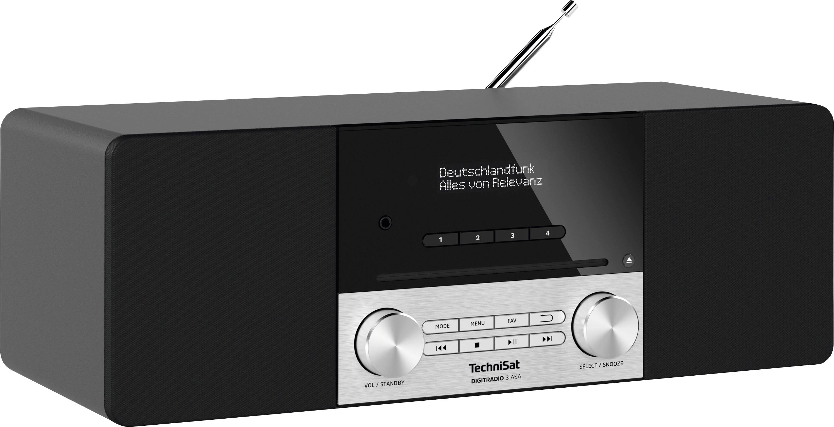 Černé digitální rádio se stříbrným předním panelem, které je vybaveno ovládacími knoflíky a tlačítky. Z horní části vyčnívá anténa a displej zobrazuje nápis 'Deutschlandfunk Alles von Relevanz'.