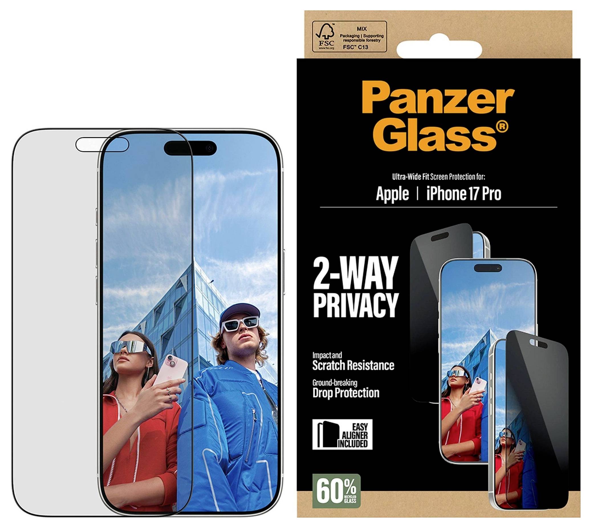 Ochranné sklo PanzerGlass 2-Way Privacy pro iPhone 17 Pro, zobrazující soukromou funkci skla a dva lidi odrážející se na obrazovce.