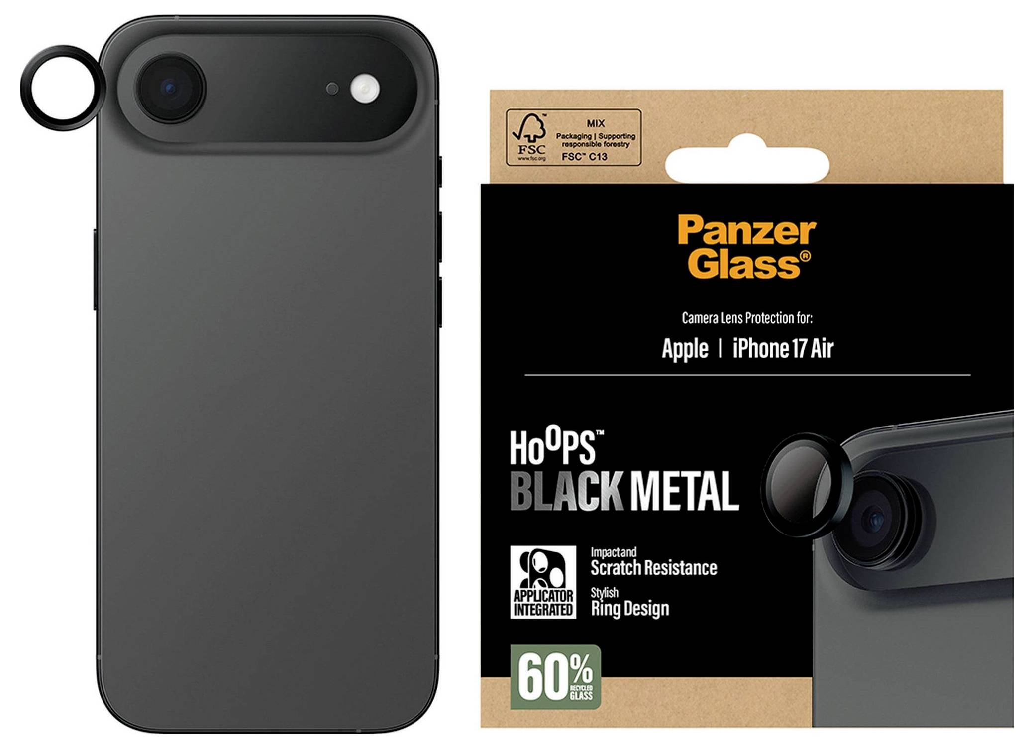 Obal 'iPhone 17 Air' od PanzerGlass s černým kovovým designem HoOPS, vyznačující se odolností proti poškrábání a kroužkovým designem pro ochranu fotoaparátu.