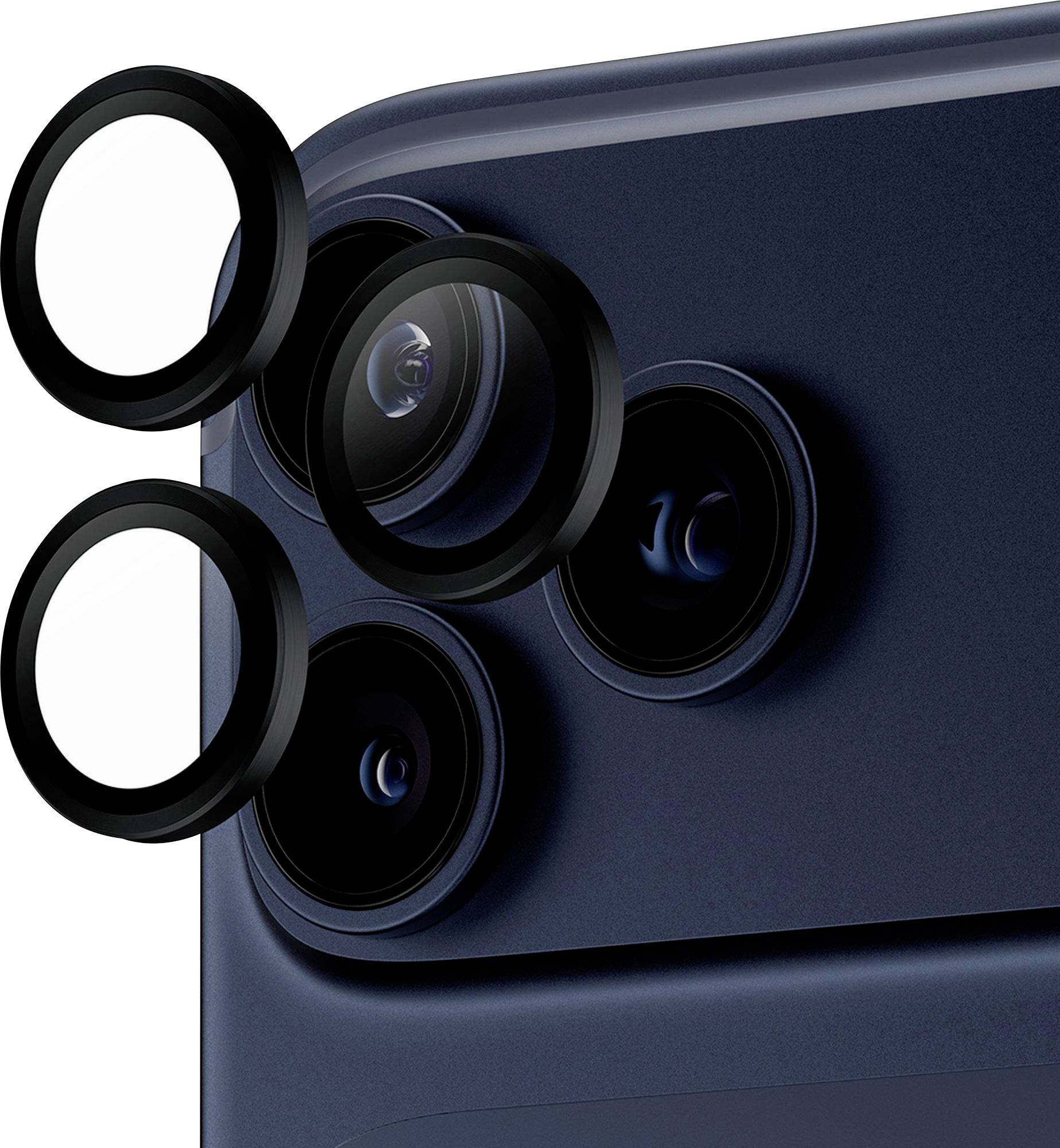 Zadní pohled na tmavě barevný smartphone se třemi objektivy fotoaparátu, který ukazuje malé oddělitelné kryty objektivů vznášející se vedle objektivů.