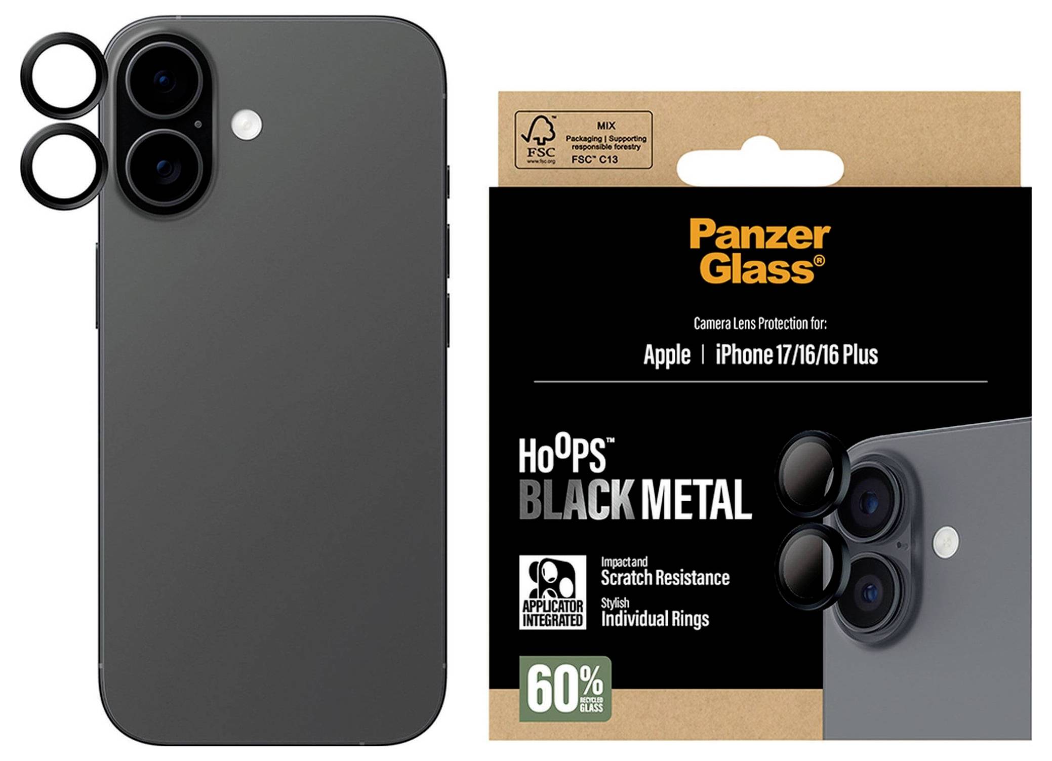 Balení obalu na telefon ukazující 'PanzerGlass HoOPS Black Metal' pro iPhone 17/16/15 Plus, zdůrazňující odolnost proti škrábancům a individuální kroužky.