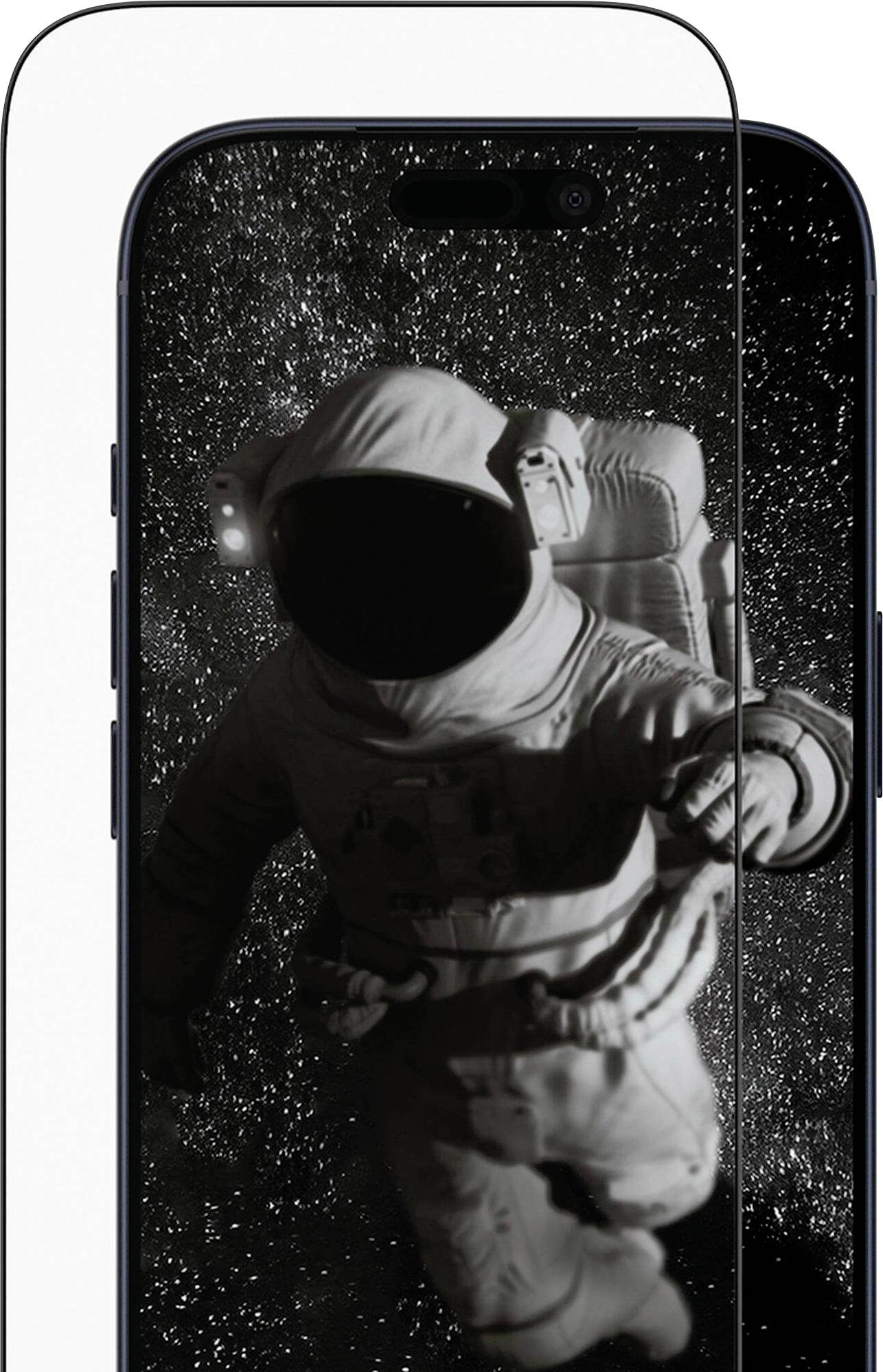 Astronaut vznášející se v kosmu, zachycený na displeji smartphonu, s pozadím hvězd. Obrázek ukazuje kvalitu zobrazení telefonu.
