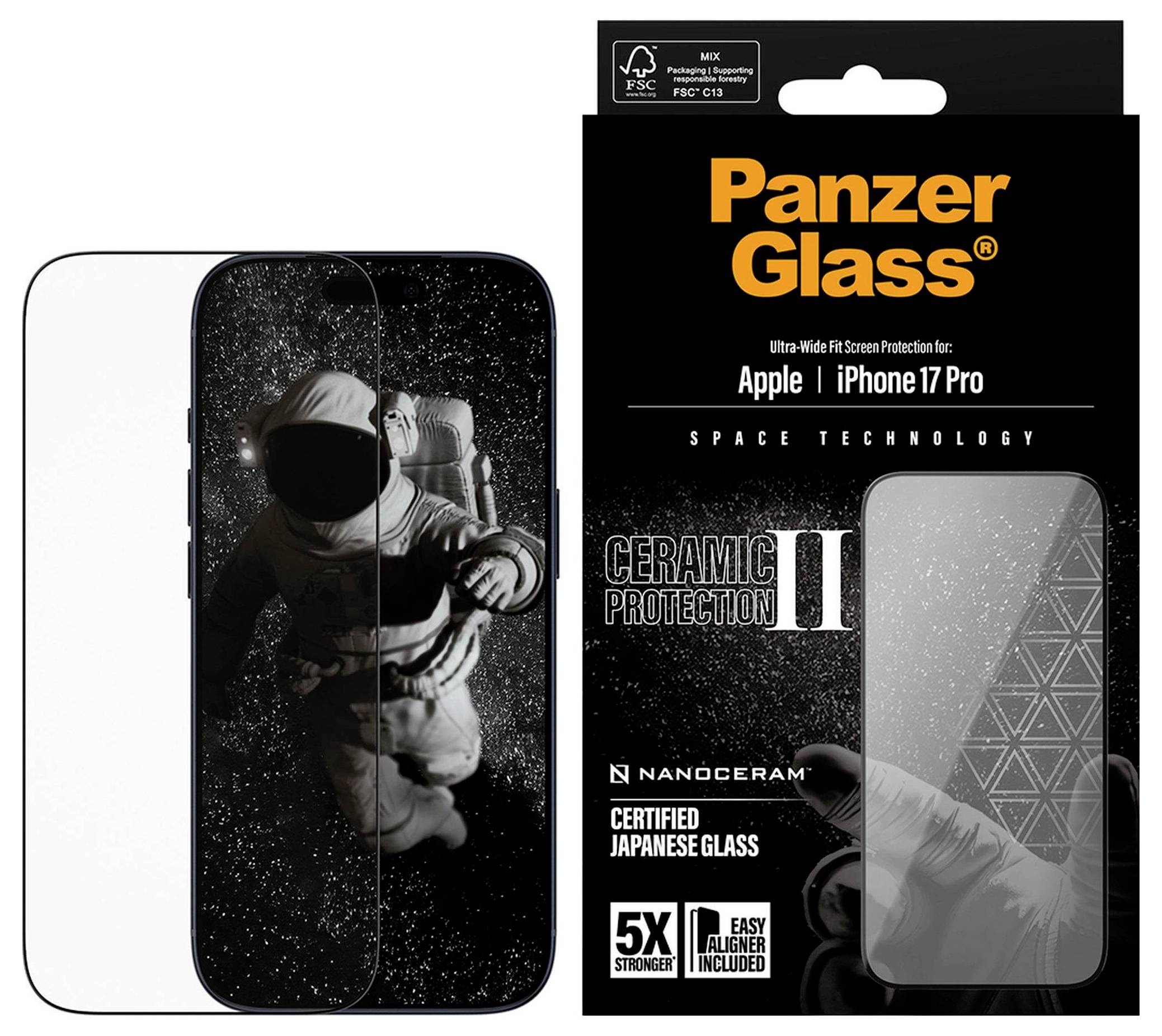 Ochranné sklo displeje 'PanzerGlass' pro iPhone 17 Pro s designem astronauta, zdůrazňující technologie vesmírného výzkumu a keramickou ochranu II.