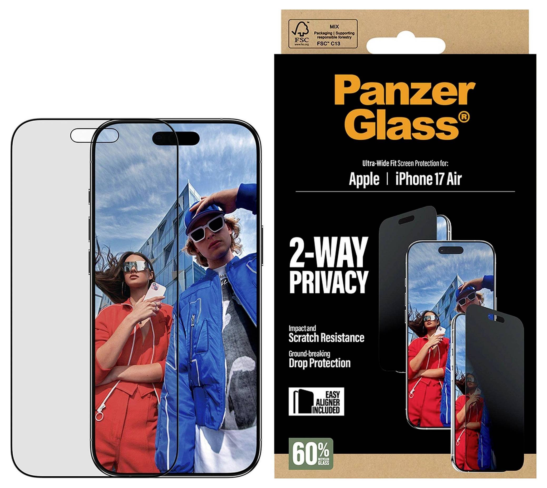 Ochranné sklo Panzer Glass s privátním 2-způsobovým filtrem pro iPhone 17 Air. Zobrazuje ochranné vlastnosti: odolnost proti nárazu a ochranu před škrábanci.