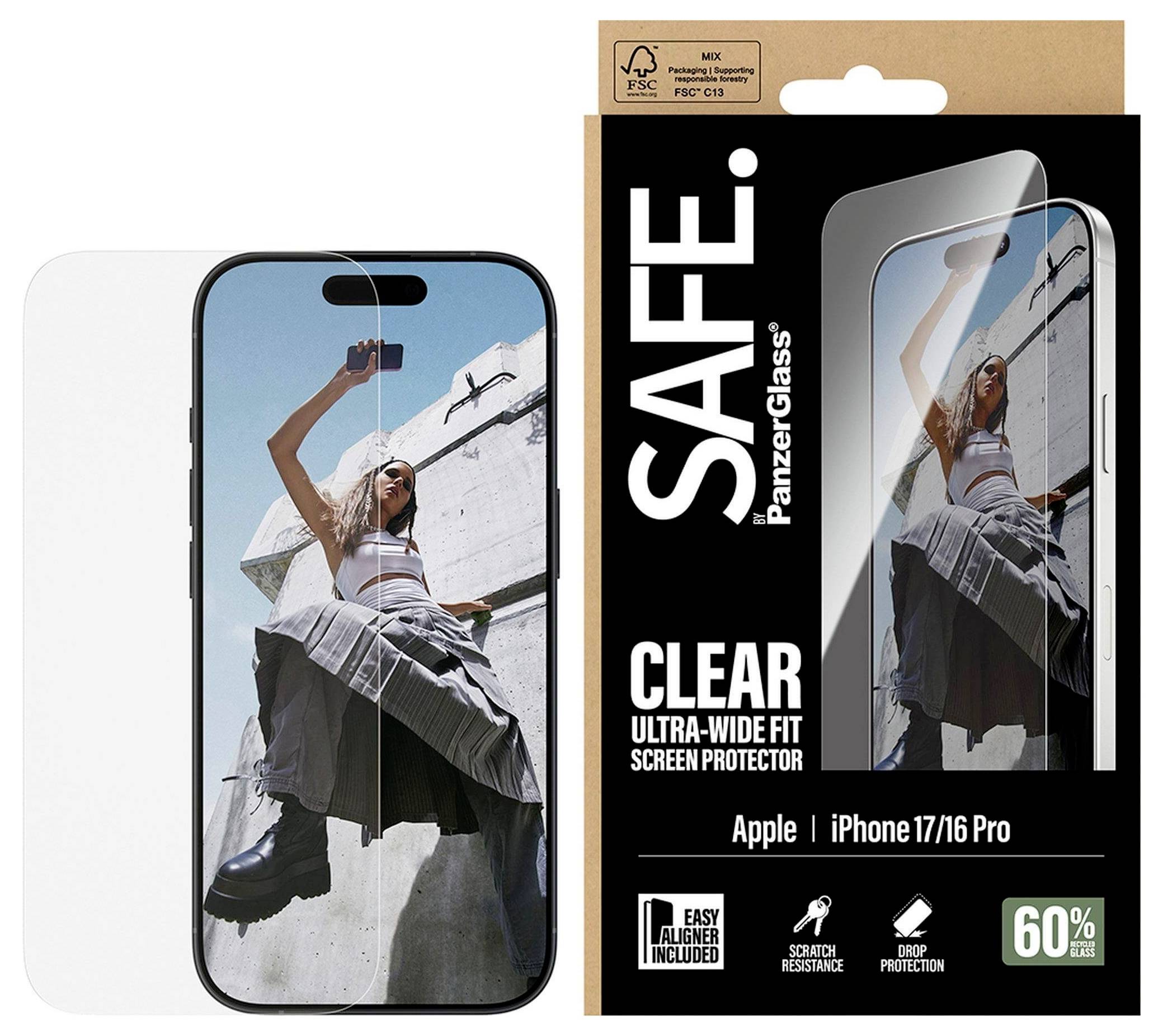 Balení ochranného skla SAFE PanzerGlass pro iPhone 17/16 Pro, vyznačující se čistým designem, snadným nasazením a odolností proti škrábancům.