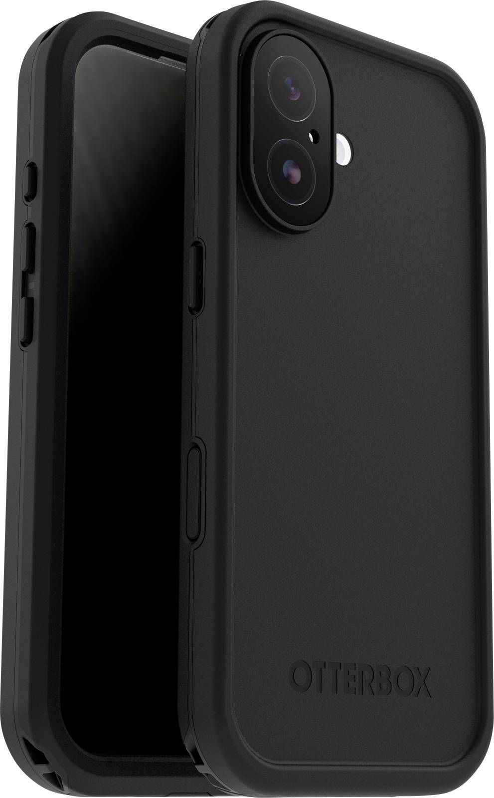 Černý obal na smartphone od OtterBoxu, zobrazený na telefonu s duálním zadním fotoaparátem, zaměřený na odolnost a ochranu.