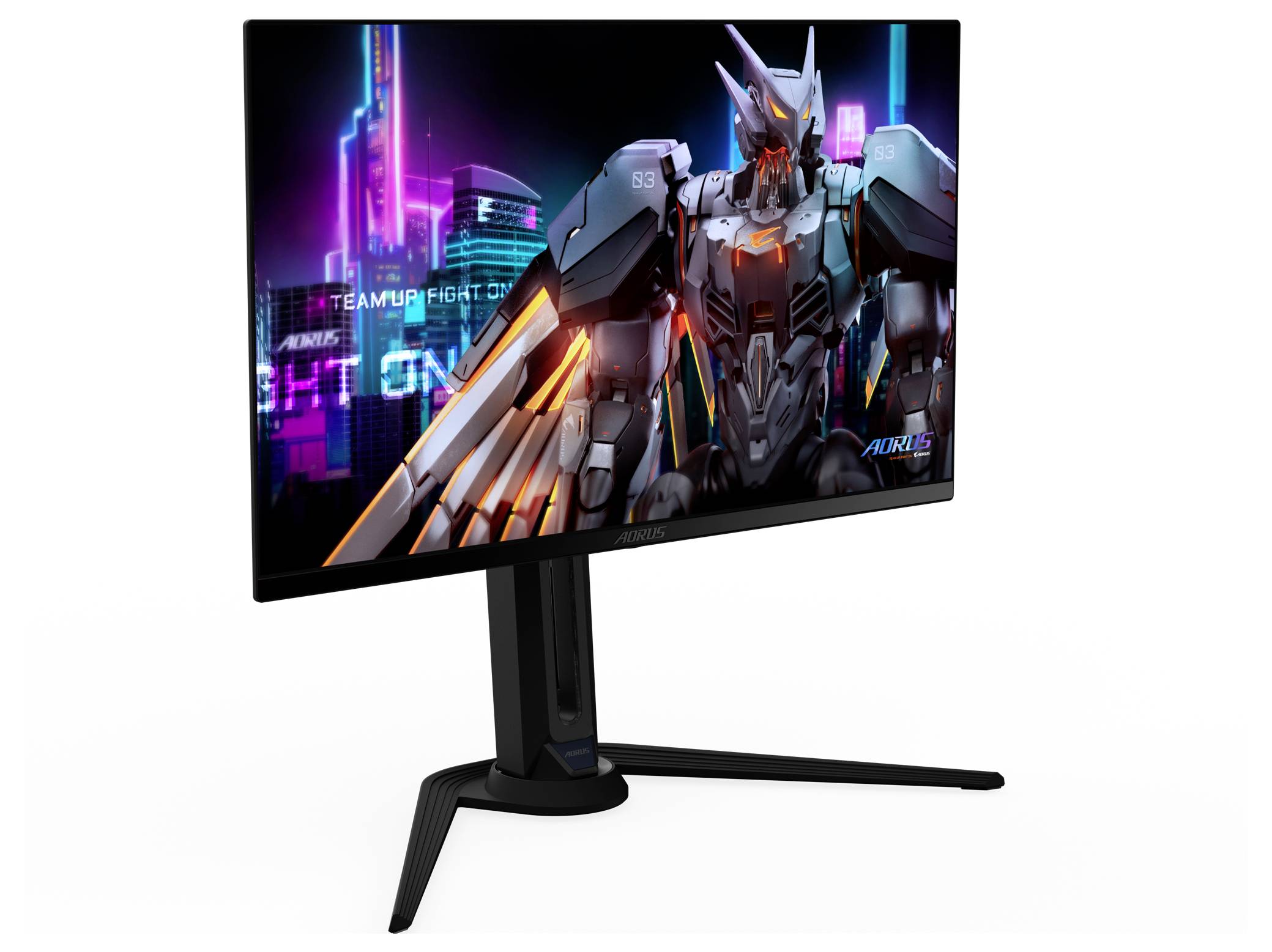 Monitor počítače zobrazuje futuristického robota s neonovými světly v pozadí městské krajiny. Stojan monitoru má jedinečný úhlový design.
