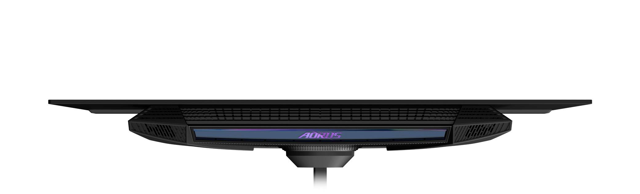 Štíhlý černý monitor pohledem z boku s RGB podsvícením viditelným pod obrazovkou. Logo značky 'AORUS' je umístěno uprostřed spodního rámu.