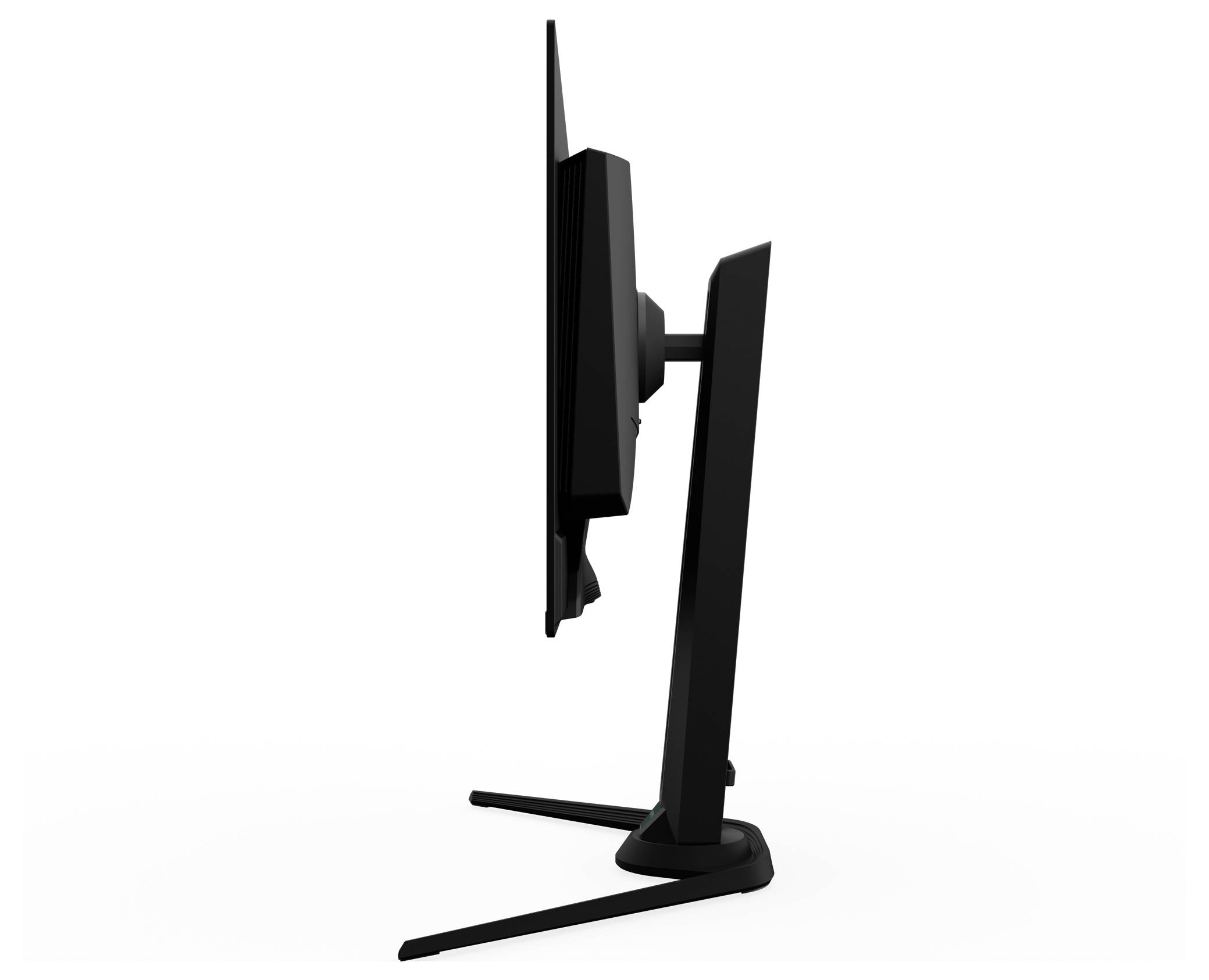 Boční pohled na elegantní černý počítačový monitor na stojanu, který ukazuje jeho tenký profil a moderní design.