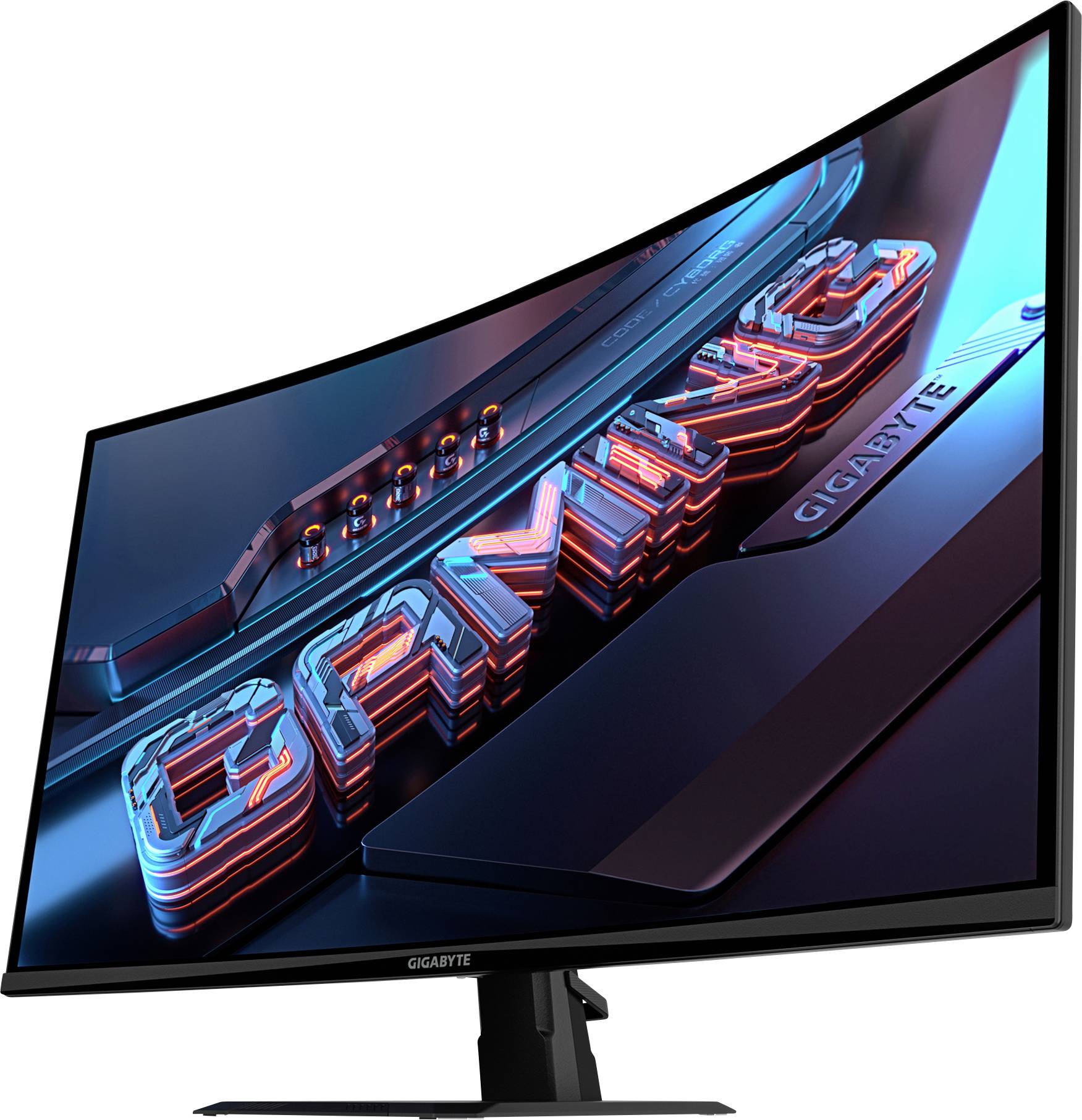 Zakřivený počítačový monitor zobrazující slovo 'GAMING' ve futuristickém 3D efektu s neonovým osvětlením, který zdůrazňuje jeho herní zaměření.