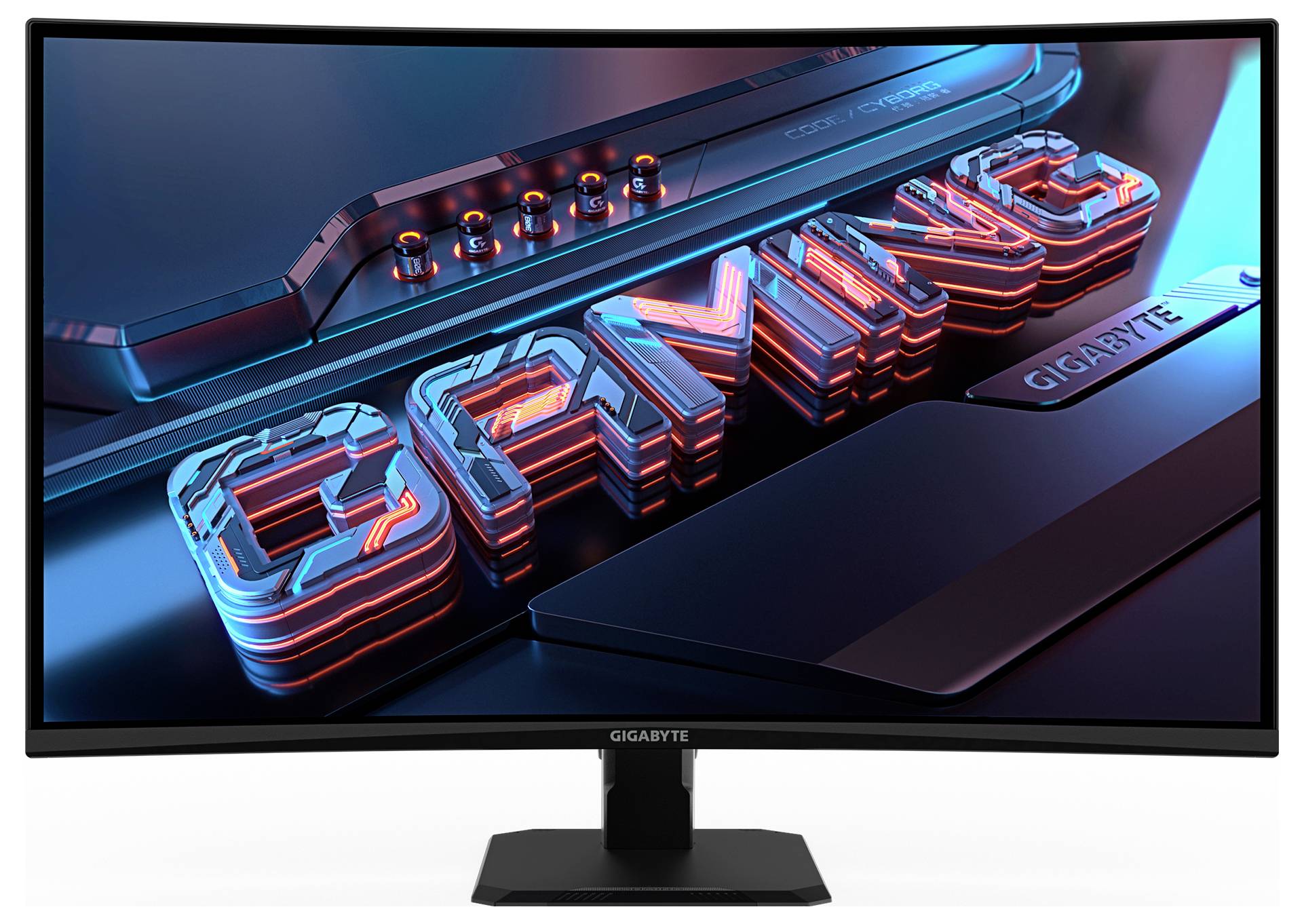 Zakřivený počítačový monitor zobrazující futuristický grafický design se slovem 'GAMING' v tučných, stylizovaných 3D písmenech.