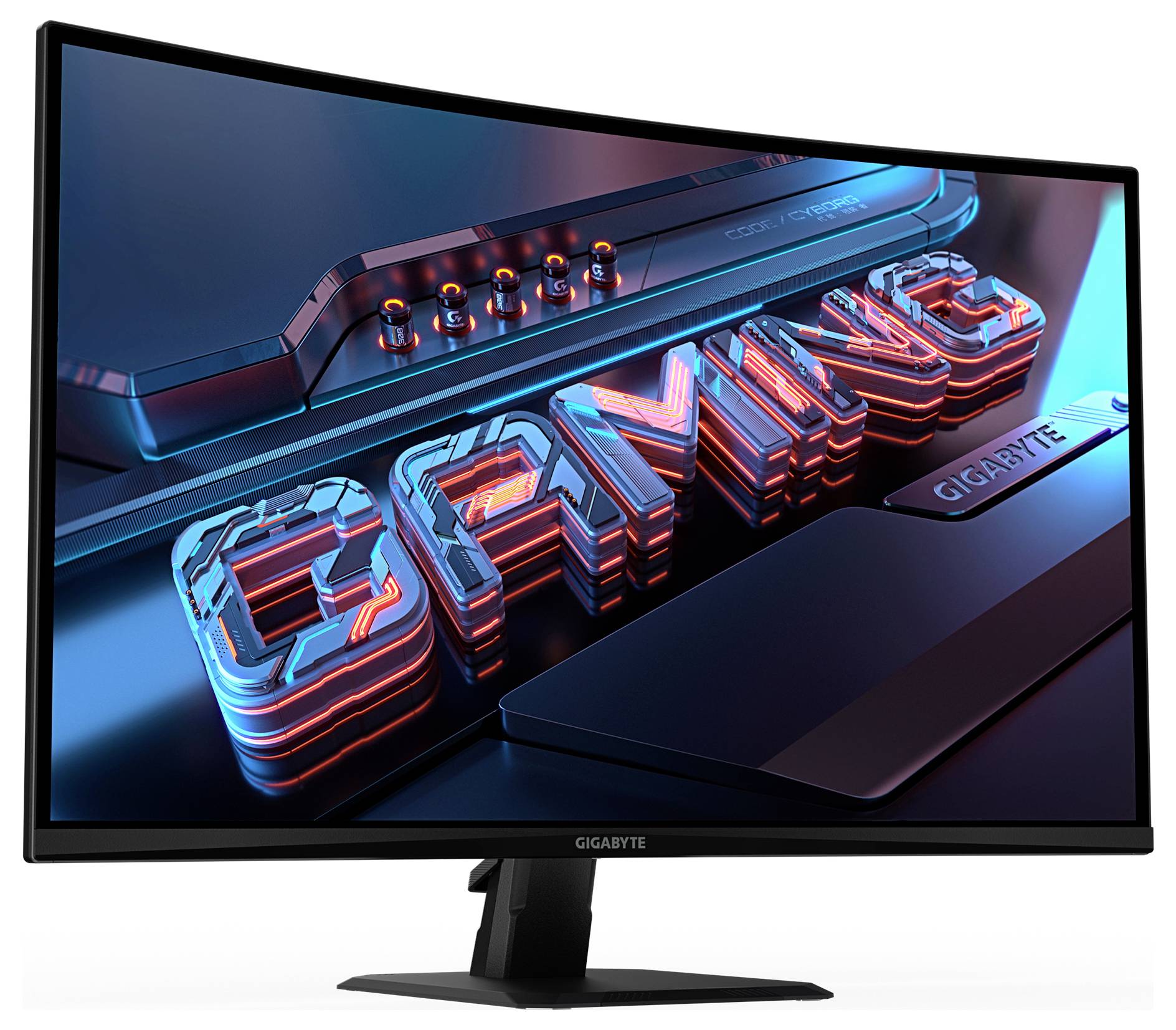 Zakřivený monitor zobrazující živoucí, 3D futuristické logo "GAMING" v červeno-modrých tónech na tmavém technologicky laděném pozadí.