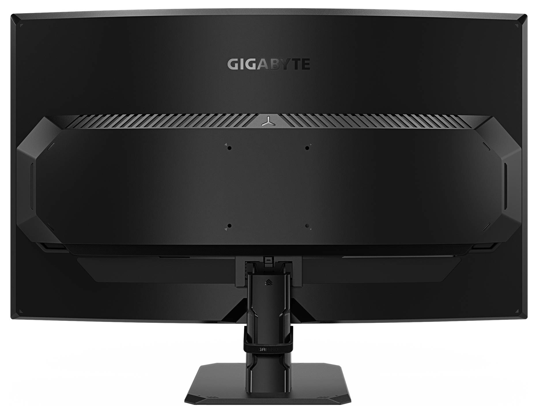 Černý počítačový monitor pohledem zezadu, zobrazující jeho stojan a logo GIGABYTE uprostřed v horní části.