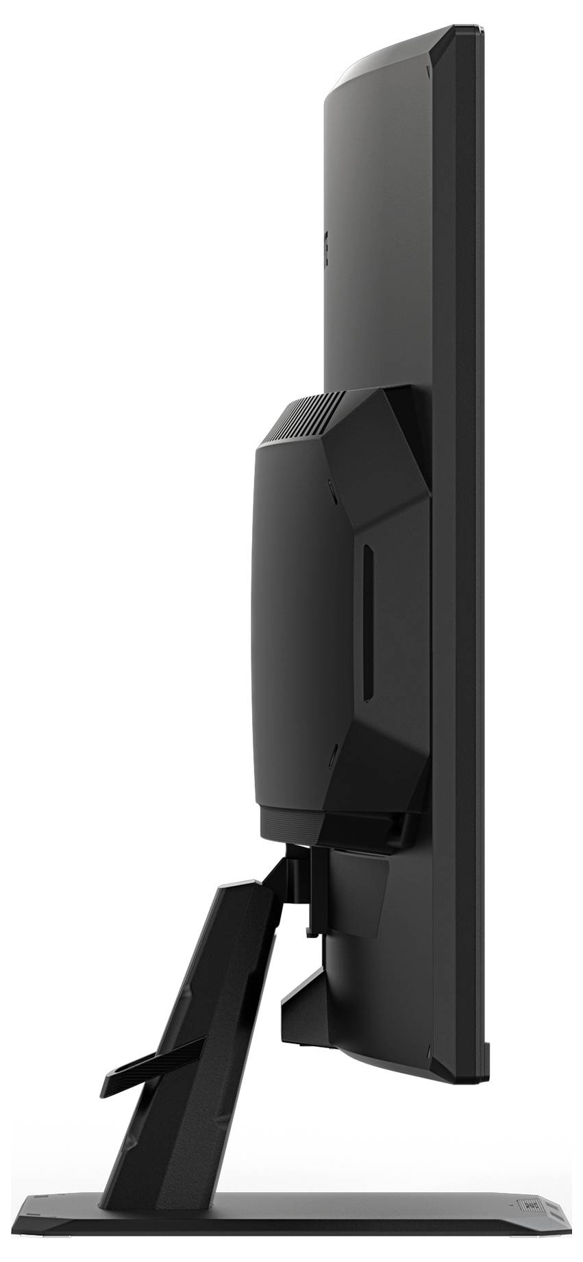 Elegantní, moderní počítačový monitor zobrazený z boku, zvýrazňující jeho štíhlý design a nastavitelný stojan.