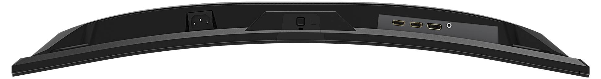 Pohled zezadu na zakřivený počítačový monitor zobrazující napájecí vstup, porty HDMI a sluchátkový jack.