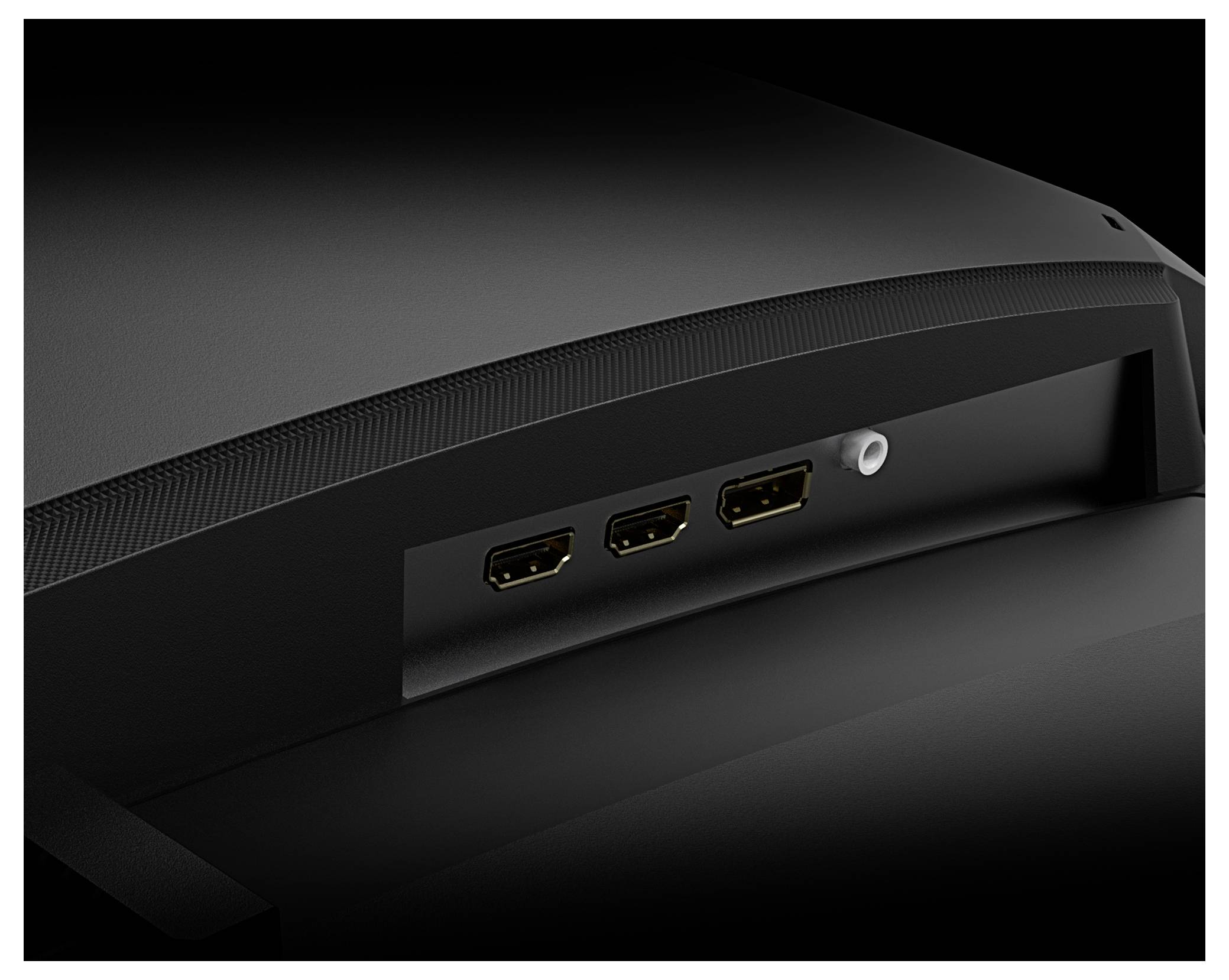 Obrázek ukazuje zadní panel monitoru se dvěma HDMI porty a jedním audio jackem, což naznačuje několik možností připojení.