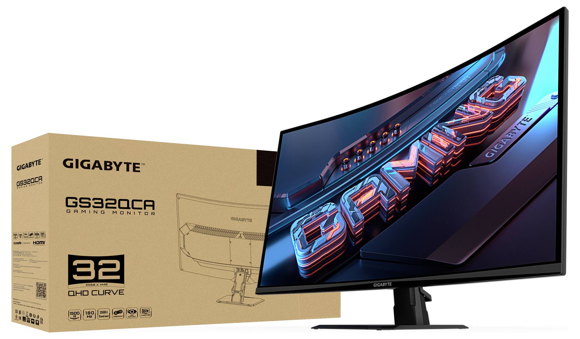 Zakřivený herní monitor Gigabyte s 32palcovou obrazovkou, na kterém je slovo 'GAMING' zobrazeno v neónových barvách, vedle své originální krabice.
